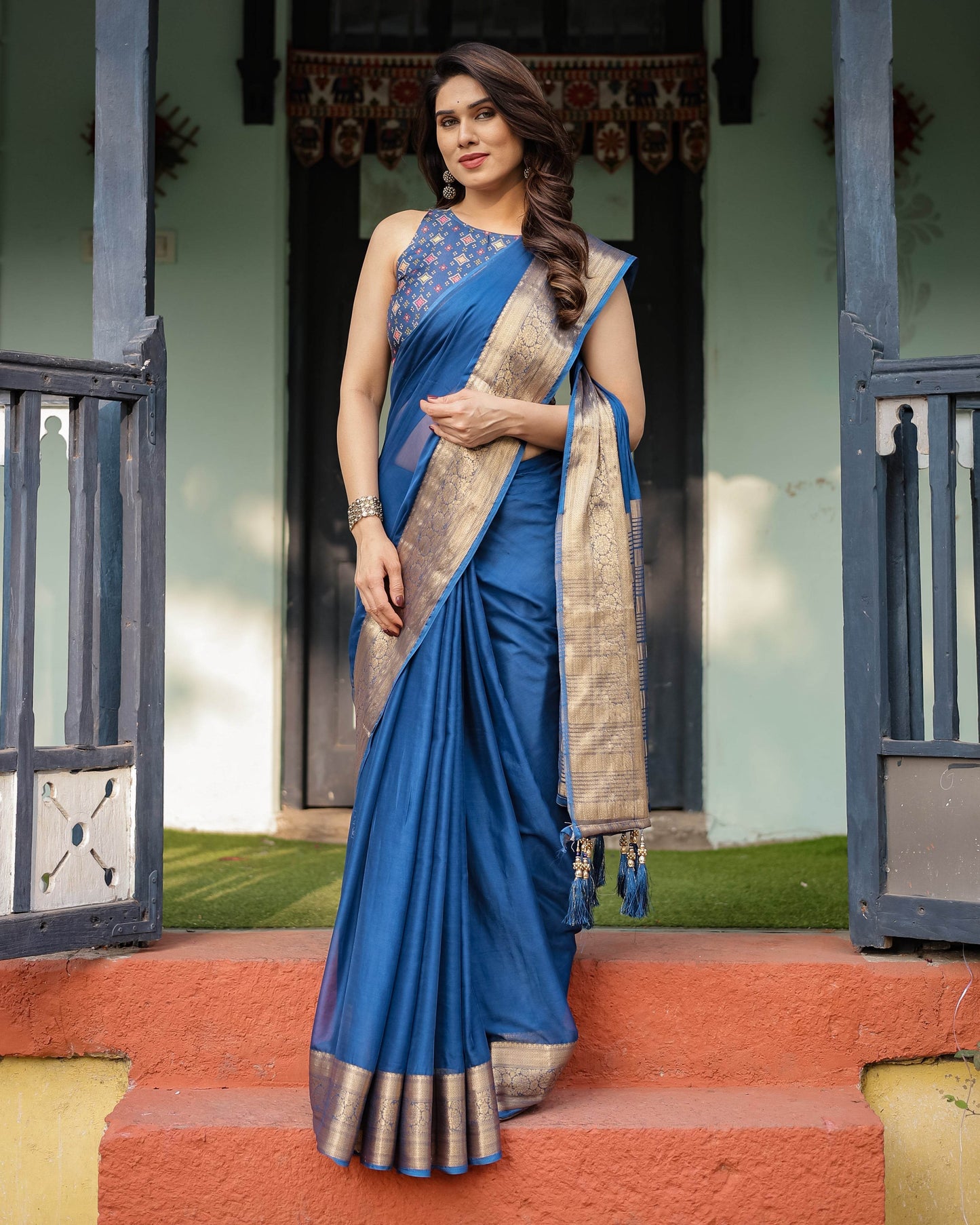 Royal Blue Plain Chiffon Saree with Gold Zari Border, Geometric Printed Blouse & Tassel Detailing - SEEANS
