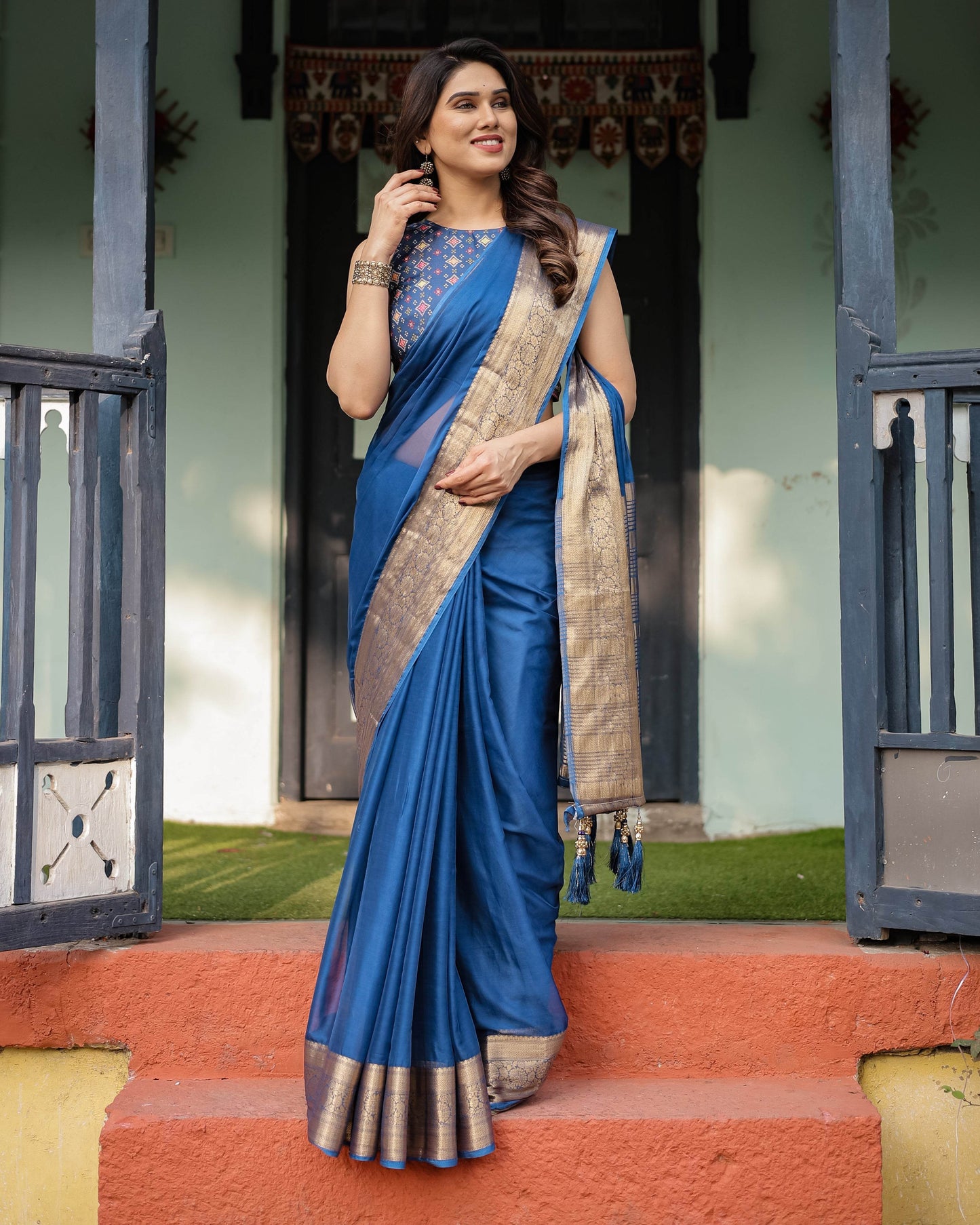 Royal Blue Plain Chiffon Saree with Gold Zari Border, Geometric Printed Blouse & Tassel Detailing - SEEANS