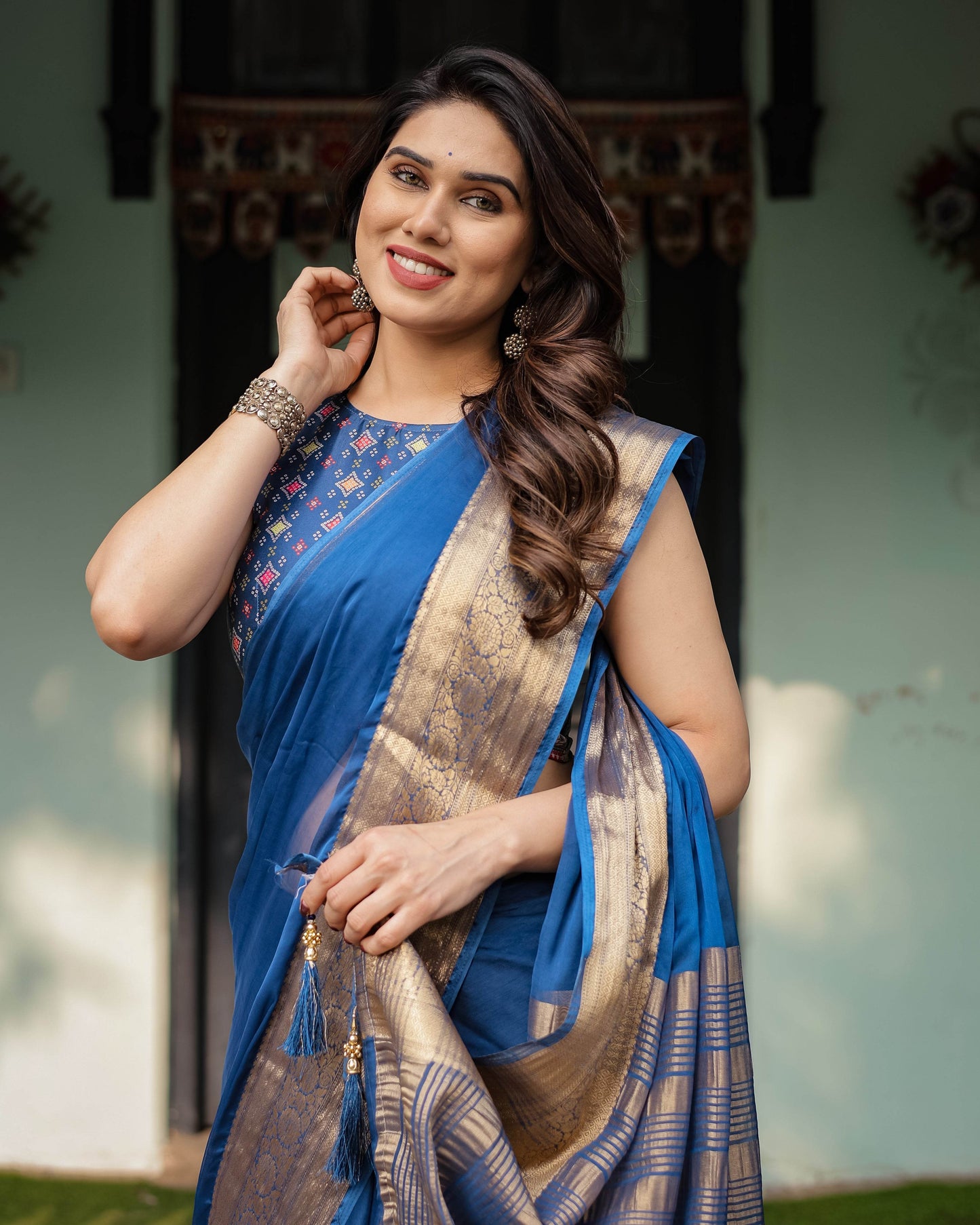 Royal Blue Plain Chiffon Saree with Gold Zari Border, Geometric Printed Blouse & Tassel Detailing - SEEANS