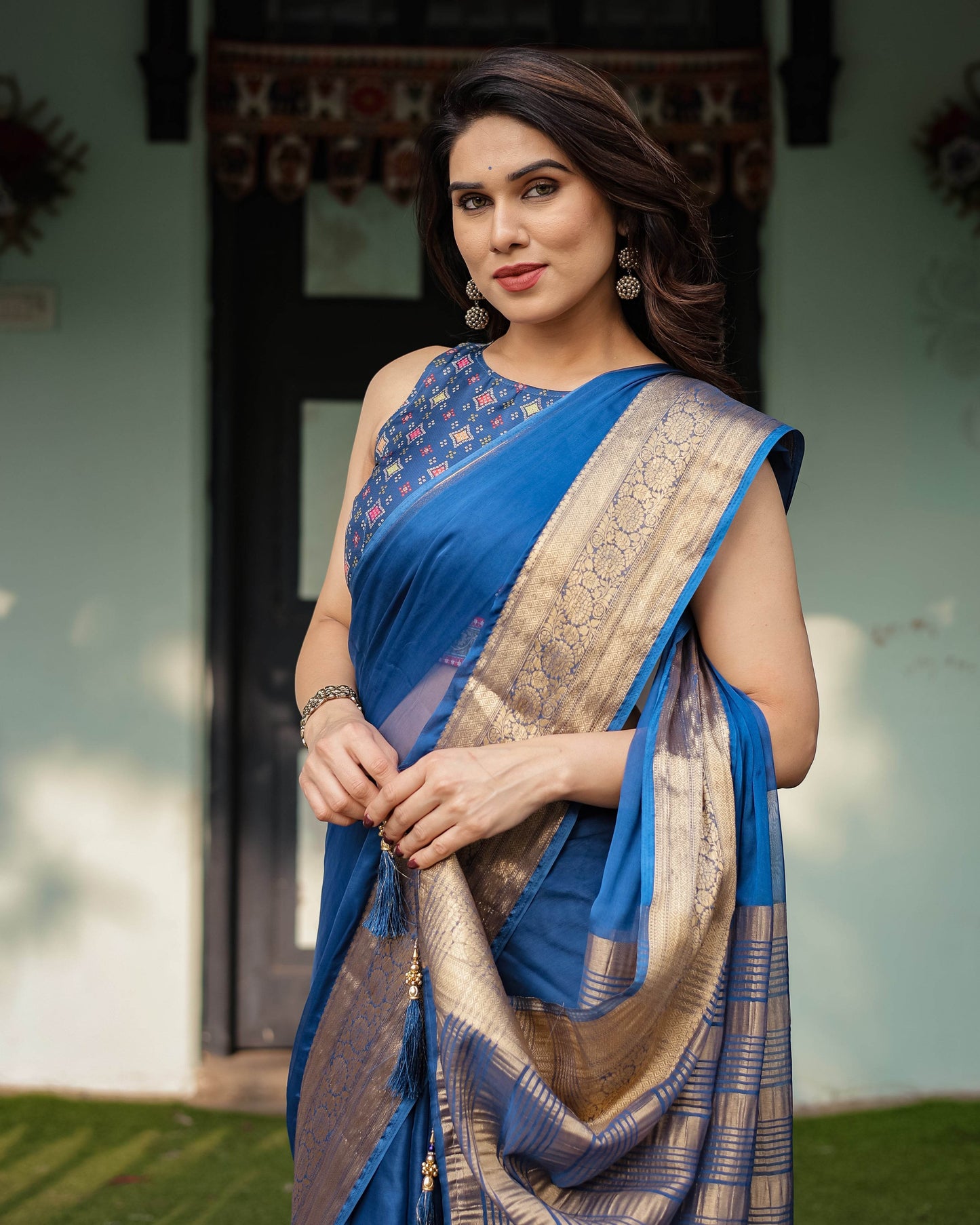 Royal Blue Plain Chiffon Saree with Gold Zari Border, Geometric Printed Blouse & Tassel Detailing - SEEANS