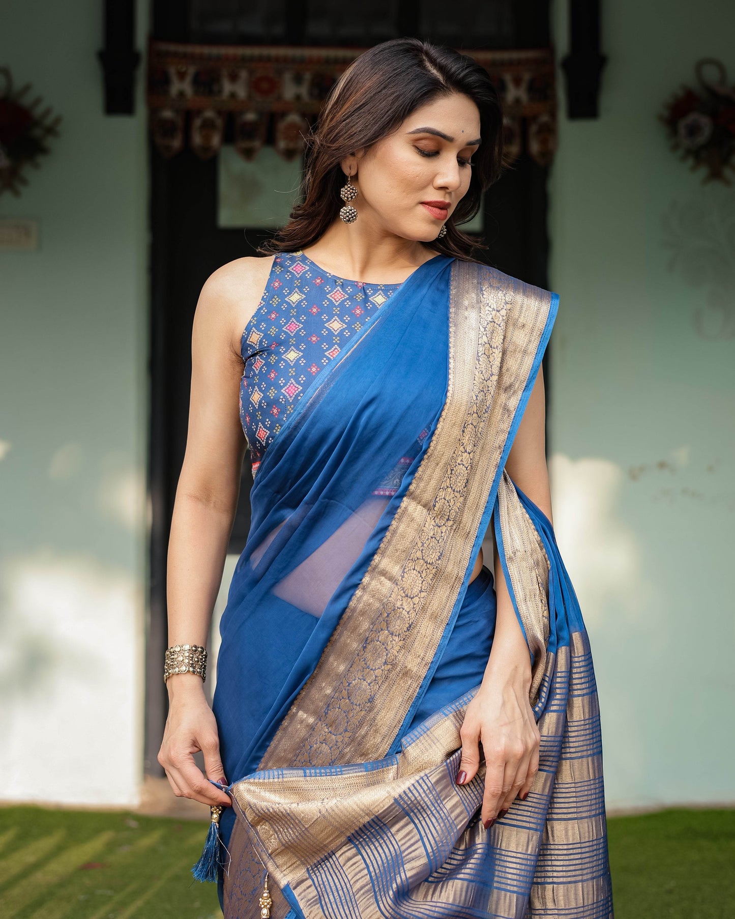 Royal Blue Plain Chiffon Saree with Gold Zari Border, Geometric Printed Blouse & Tassel Detailing - SEEANS