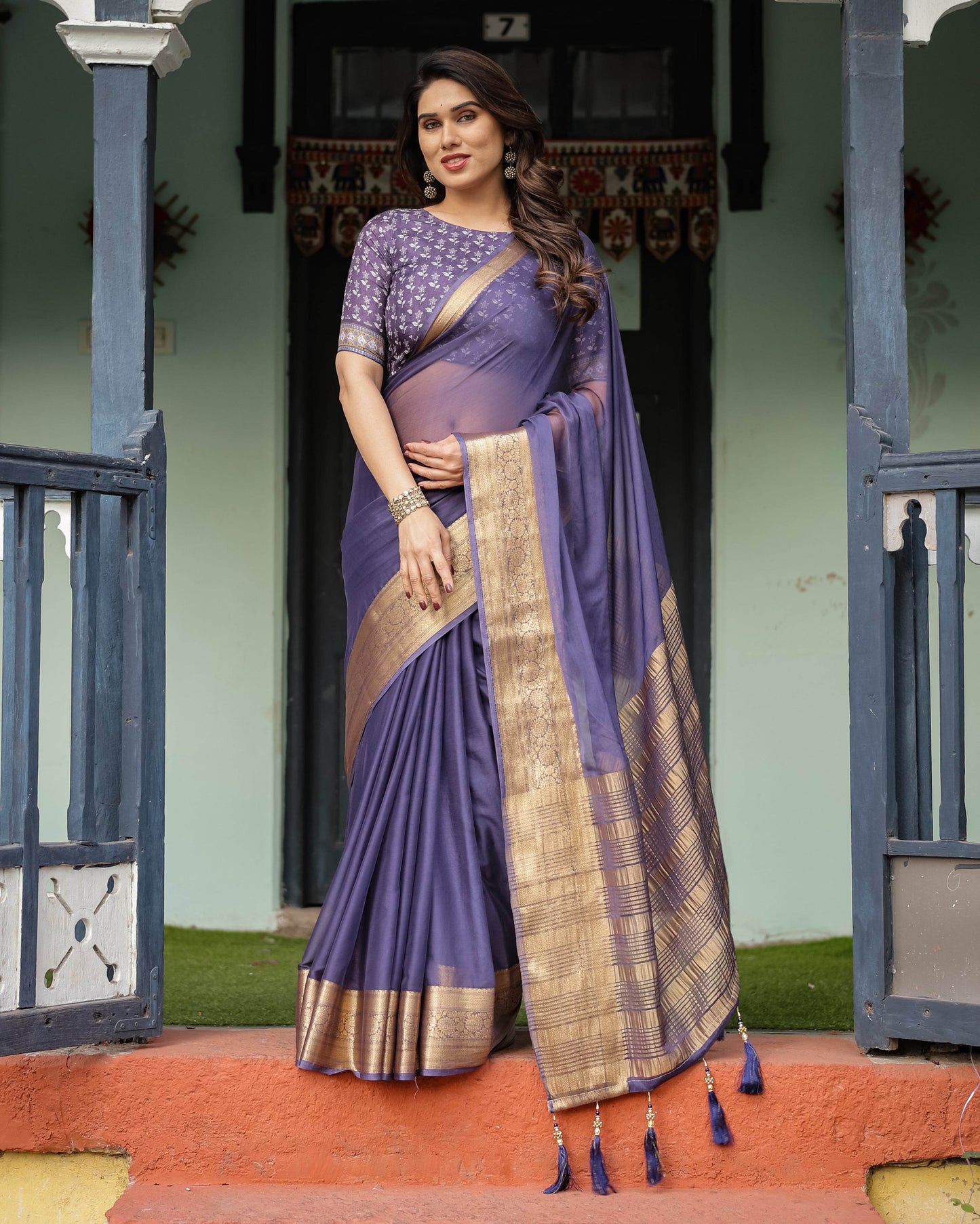 Deep Violet Plain Chiffon Saree with Gold Zari Border, Floral Printed Blouse & Tassel Detailing - SEEANS