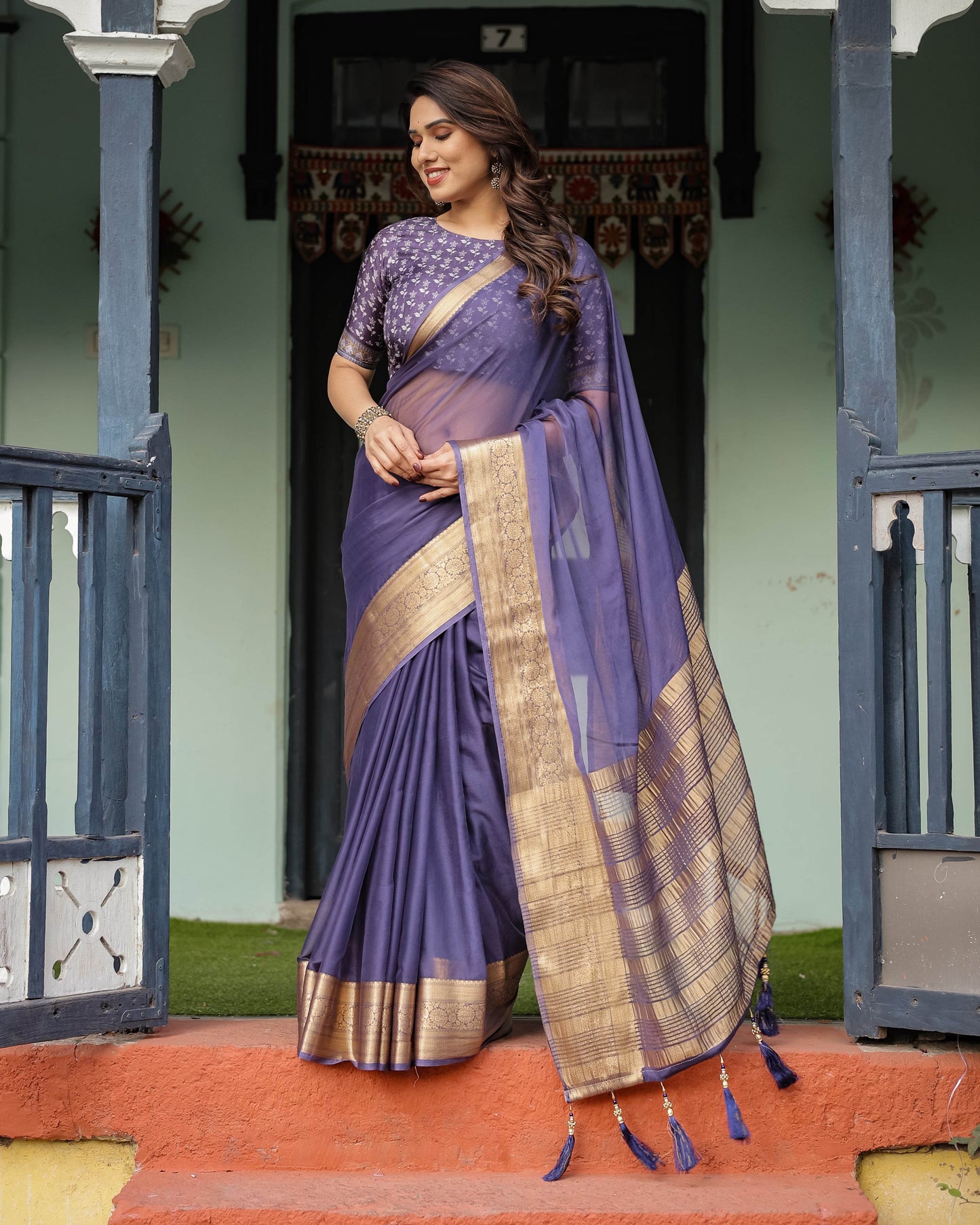Deep Violet Plain Chiffon Saree with Gold Zari Border, Floral Printed Blouse & Tassel Detailing - SEEANS