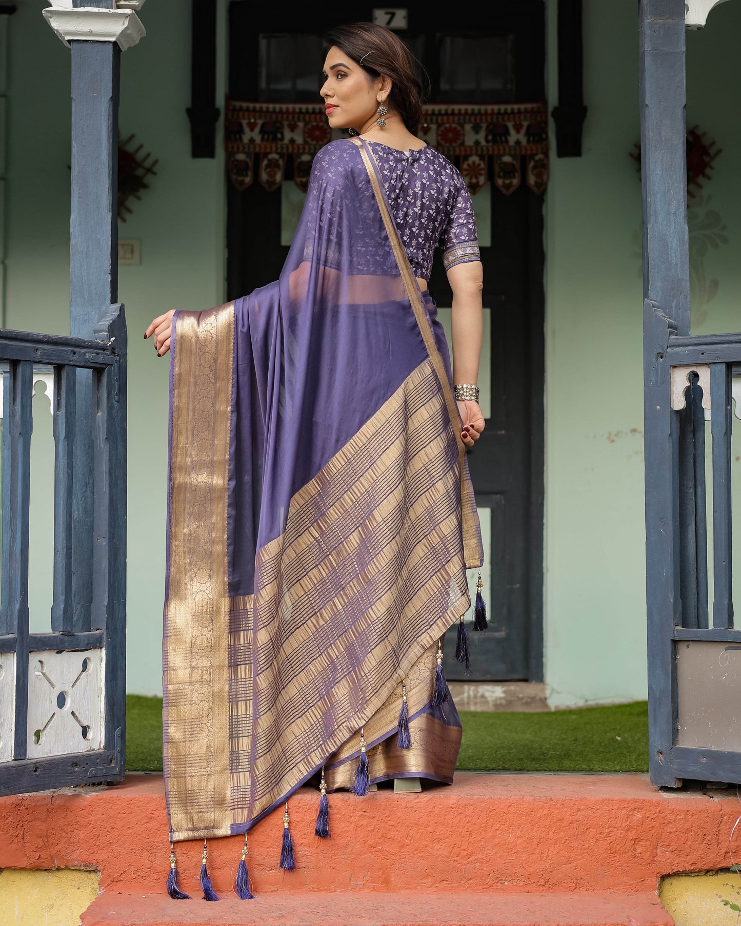 Deep Violet Plain Chiffon Saree with Gold Zari Border, Floral Printed Blouse & Tassel Detailing - SEEANS