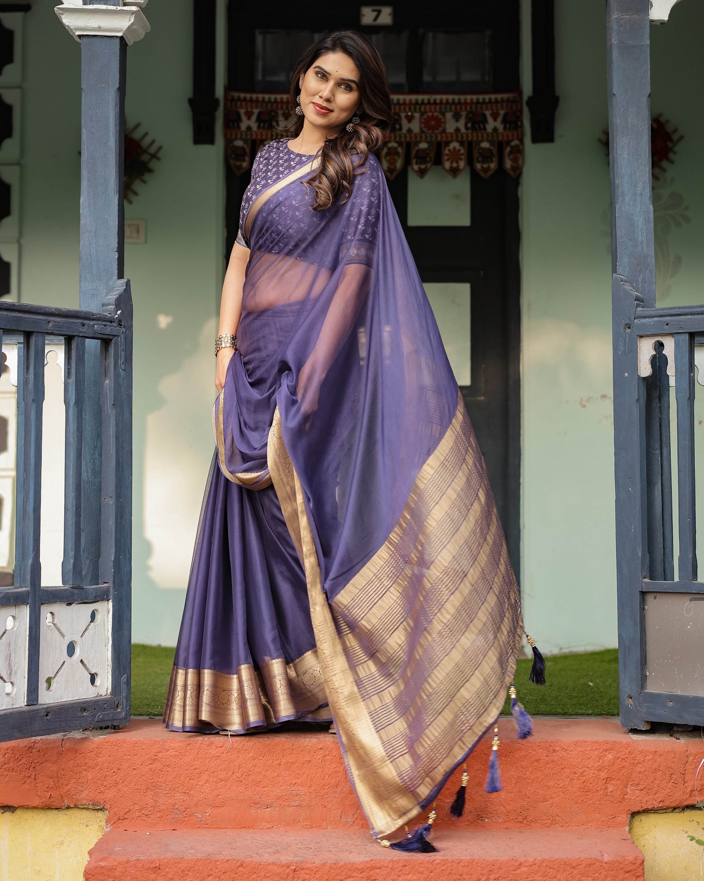 Deep Violet Plain Chiffon Saree with Gold Zari Border, Floral Printed Blouse & Tassel Detailing - SEEANS