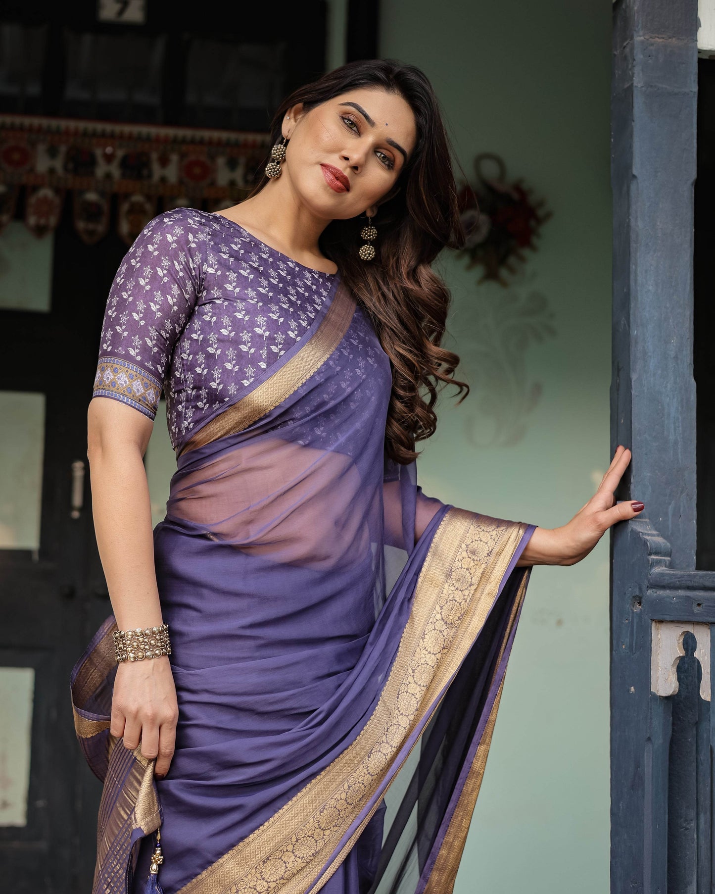Deep Violet Plain Chiffon Saree with Gold Zari Border, Floral Printed Blouse & Tassel Detailing - SEEANS