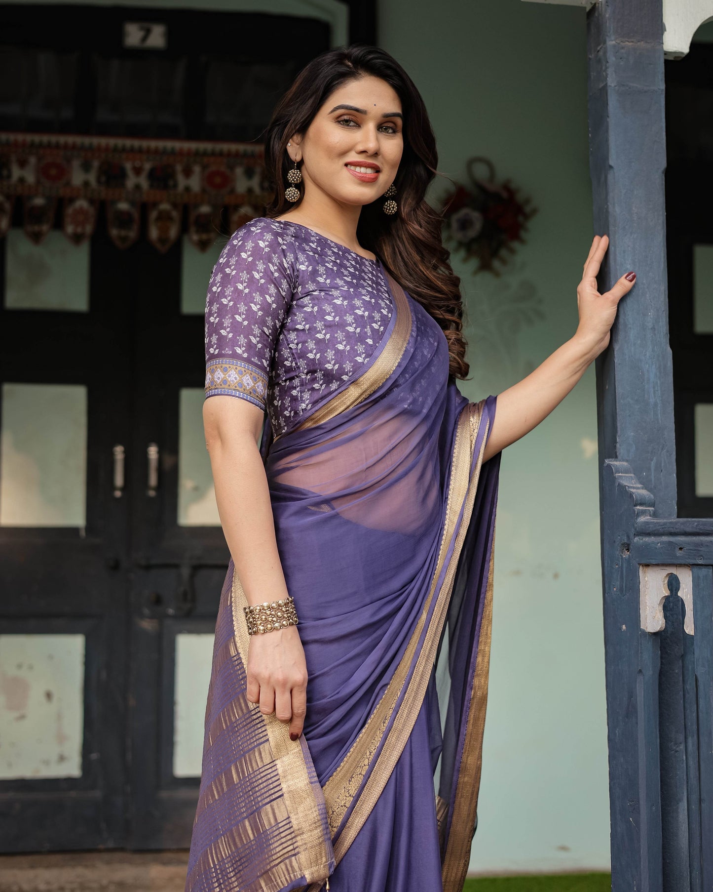 Deep Violet Plain Chiffon Saree with Gold Zari Border, Floral Printed Blouse & Tassel Detailing - SEEANS