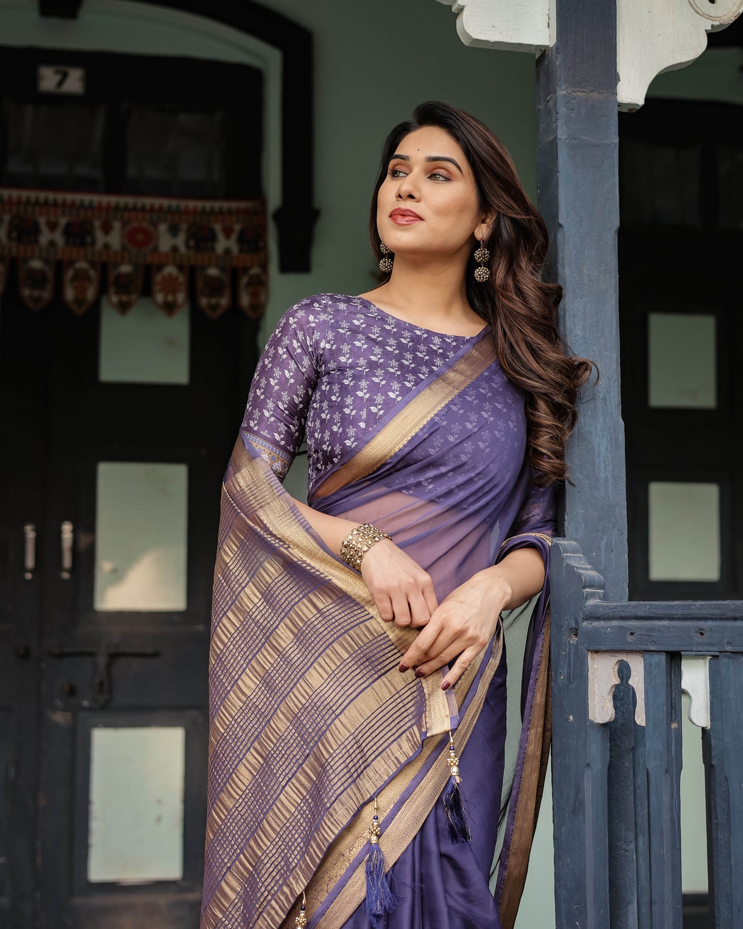 Deep Violet Plain Chiffon Saree with Gold Zari Border, Floral Printed Blouse & Tassel Detailing - SEEANS
