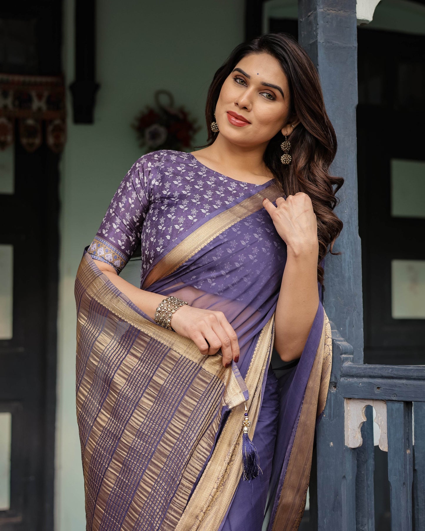 Deep Violet Plain Chiffon Saree with Gold Zari Border, Floral Printed Blouse & Tassel Detailing - SEEANS