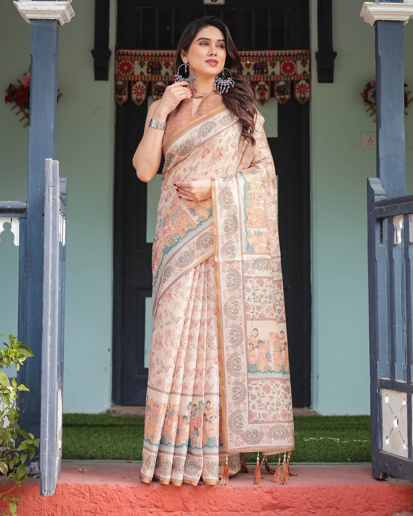 Ivory with Floral Prints Linen Cotton Handloom Printed Saree, Festive Procession Pallu, and Tassels - SEEANS