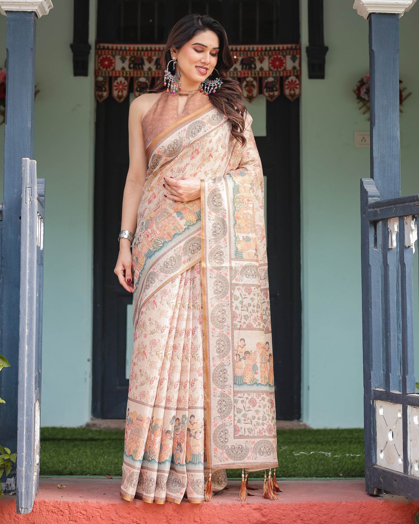 Ivory with Floral Prints Linen Cotton Handloom Printed Saree, Festive Procession Pallu, and Tassels - SEEANS