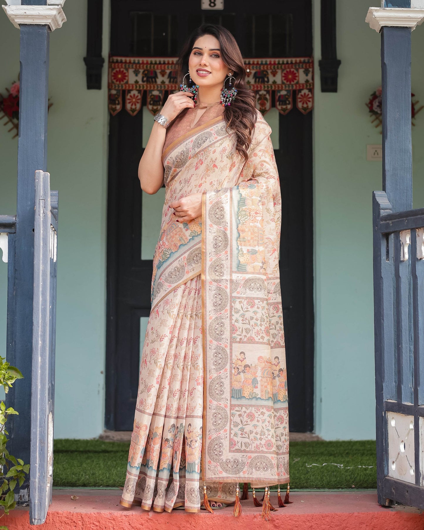 Ivory with Floral Prints Linen Cotton Handloom Printed Saree, Festive Procession Pallu, and Tassels - SEEANS