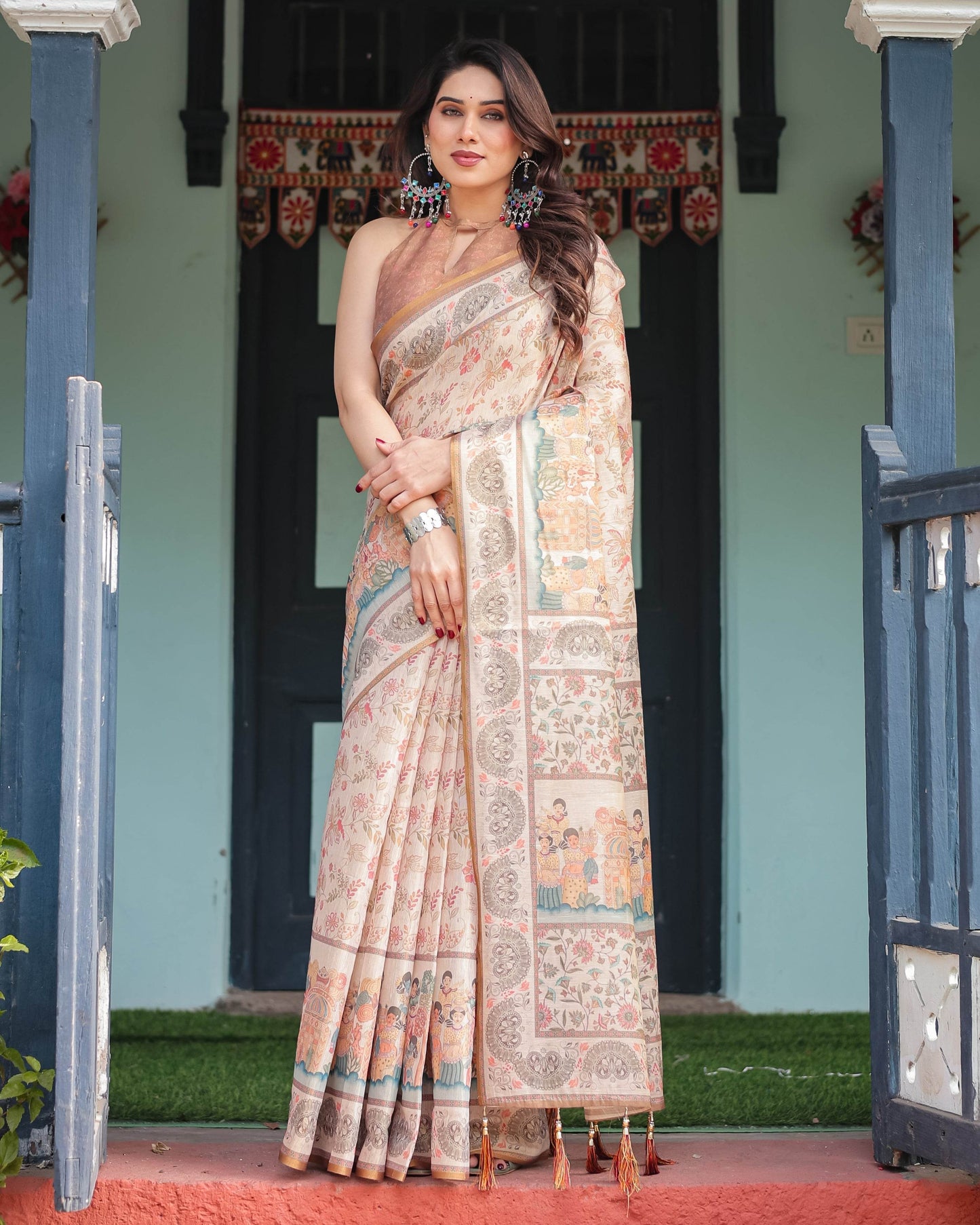 Ivory with Floral Prints Linen Cotton Handloom Printed Saree, Festive Procession Pallu, and Tassels - SEEANS
