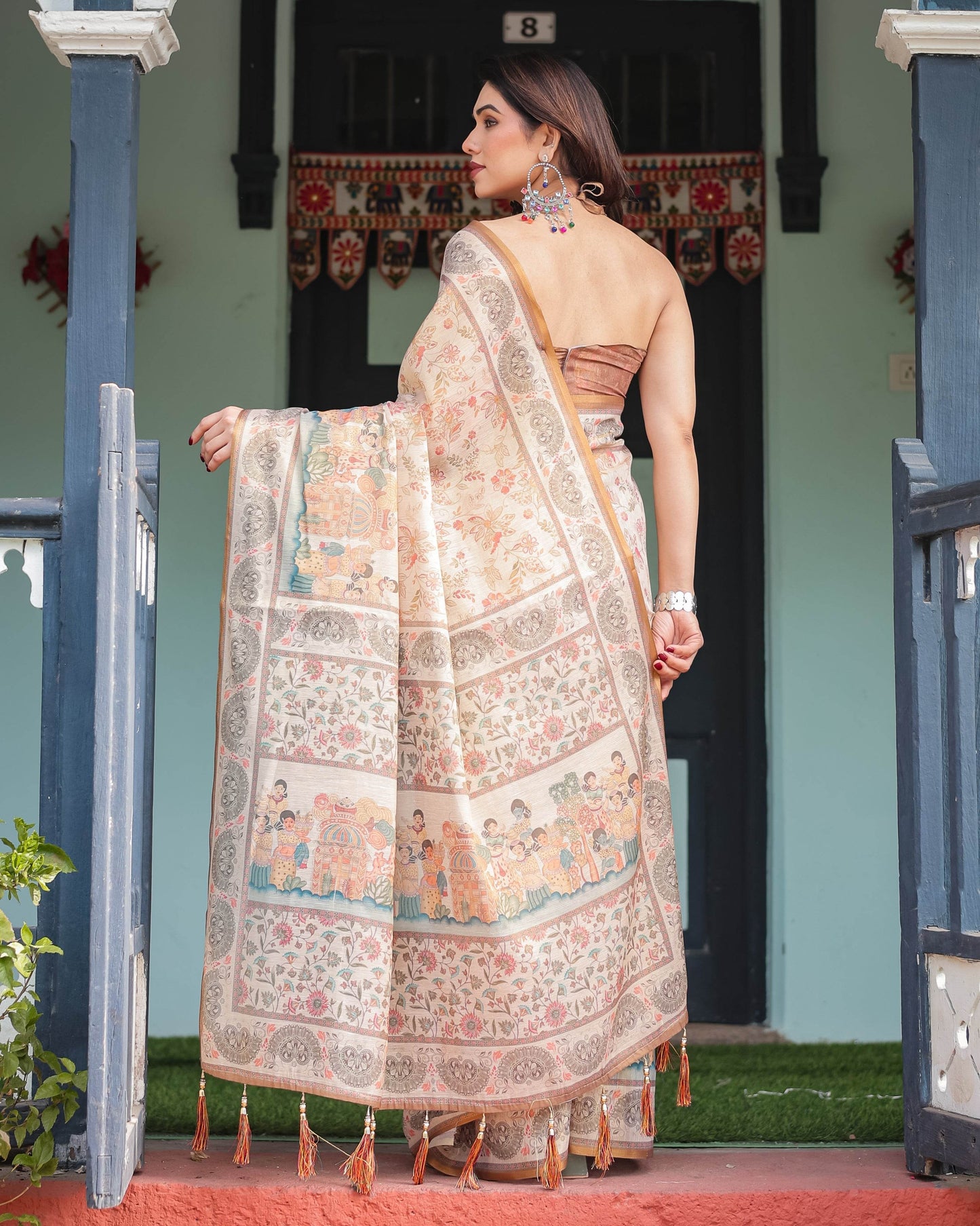 Ivory with Floral Prints Linen Cotton Handloom Printed Saree, Festive Procession Pallu, and Tassels - SEEANS