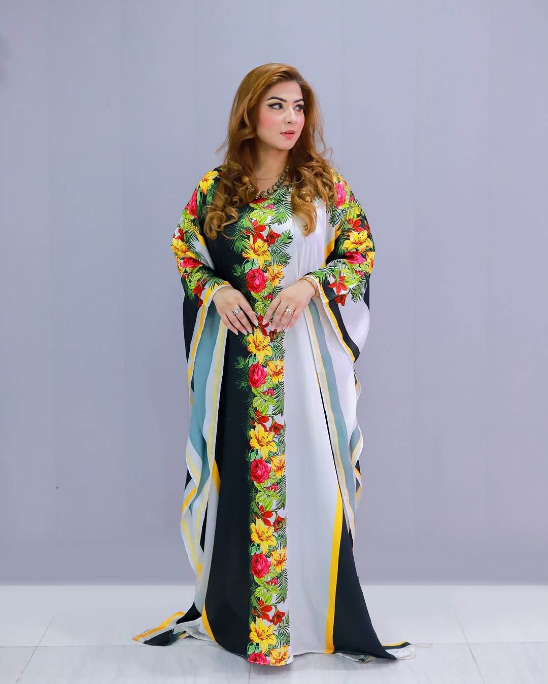 Stylish Digital Printed Silk Swiss Satin Kaftan - No Color Fade - SEEANS