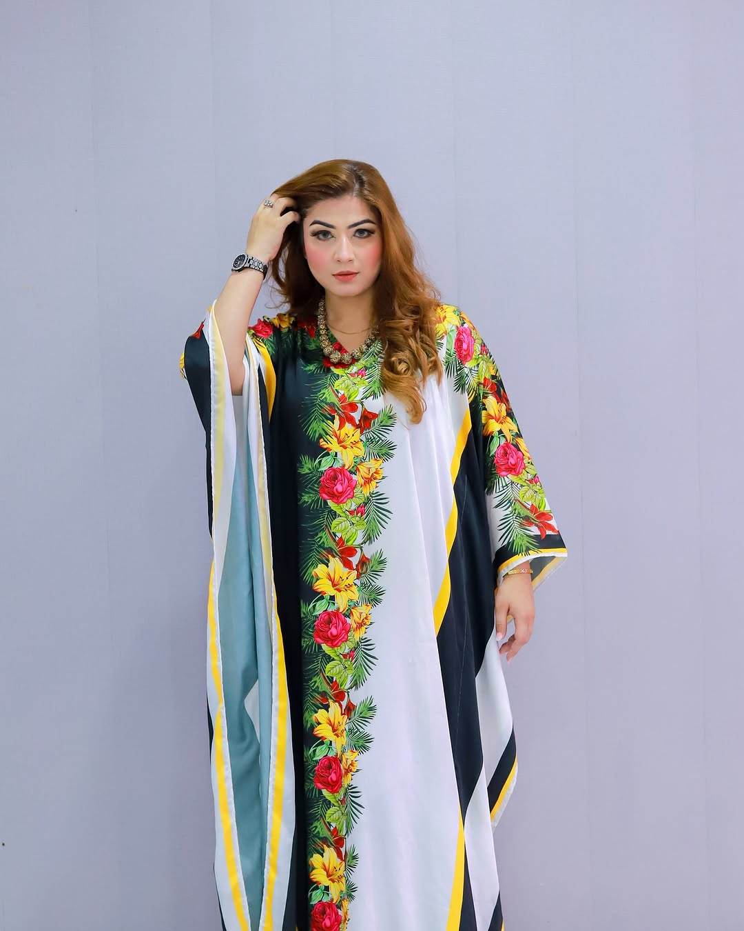 Stylish Digital Printed Silk Swiss Satin Kaftan - No Color Fade - SEEANS