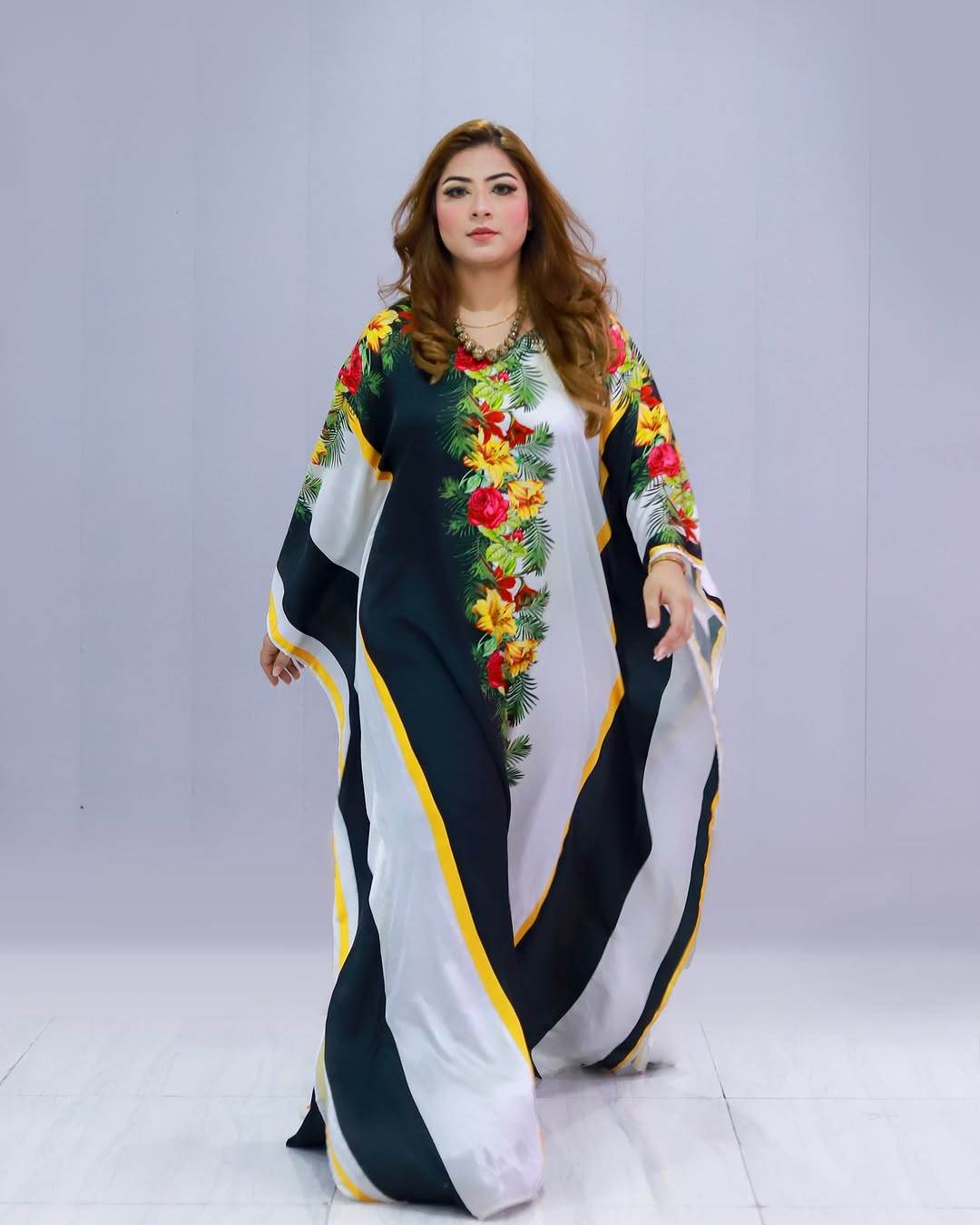 Stylish Digital Printed Silk Swiss Satin Kaftan - No Color Fade - SEEANS