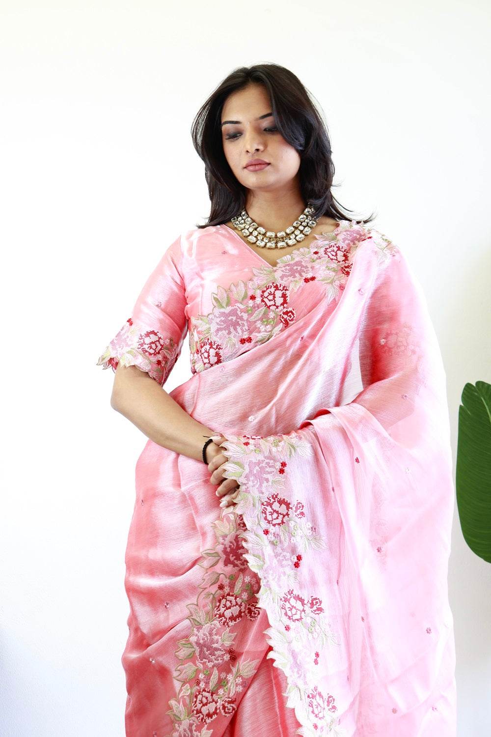 New Color Burberry Jimmy Choo Embroidery Work Saree with Unstitched Blouse - SEEANS