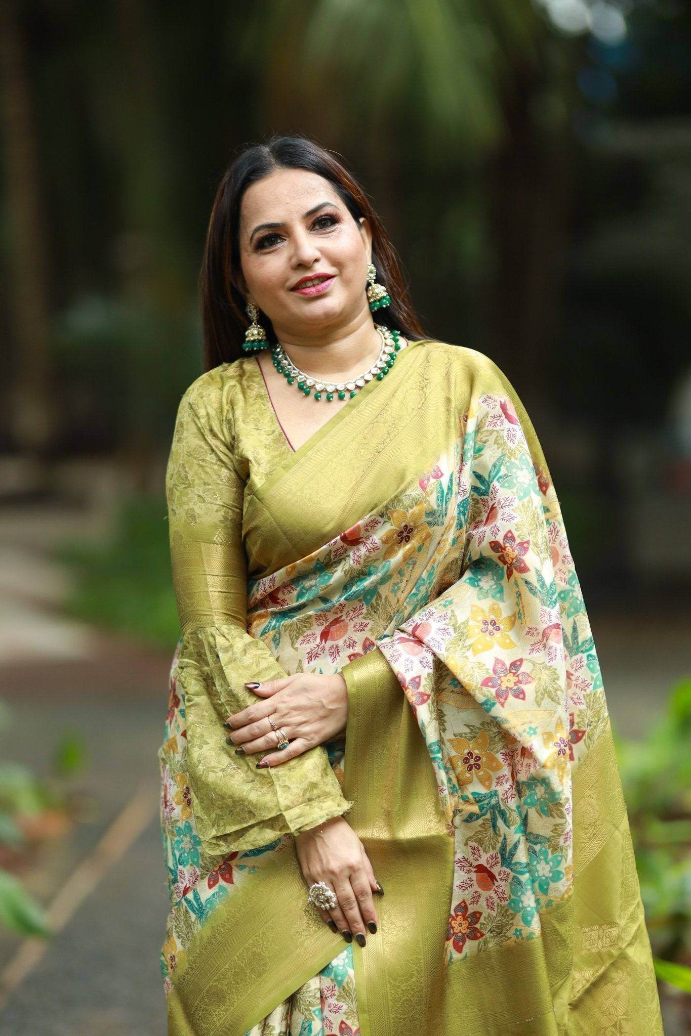 Lime Green Banarasi Silk Saree with Vibrant Floral Digital Print & Zari Weave Border - SEEANS