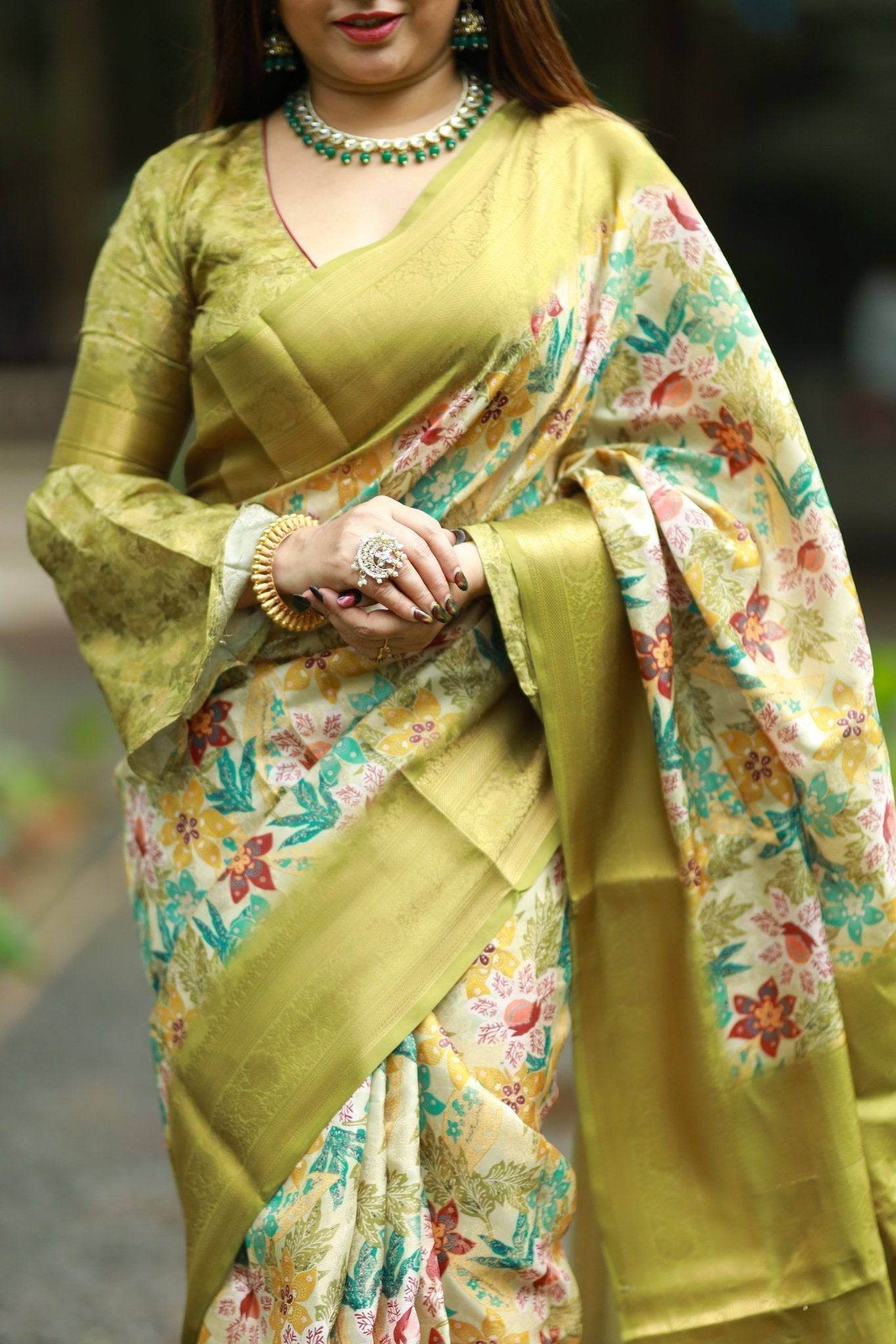 Lime Green Banarasi Silk Saree with Vibrant Floral Digital Print & Zari Weave Border - SEEANS