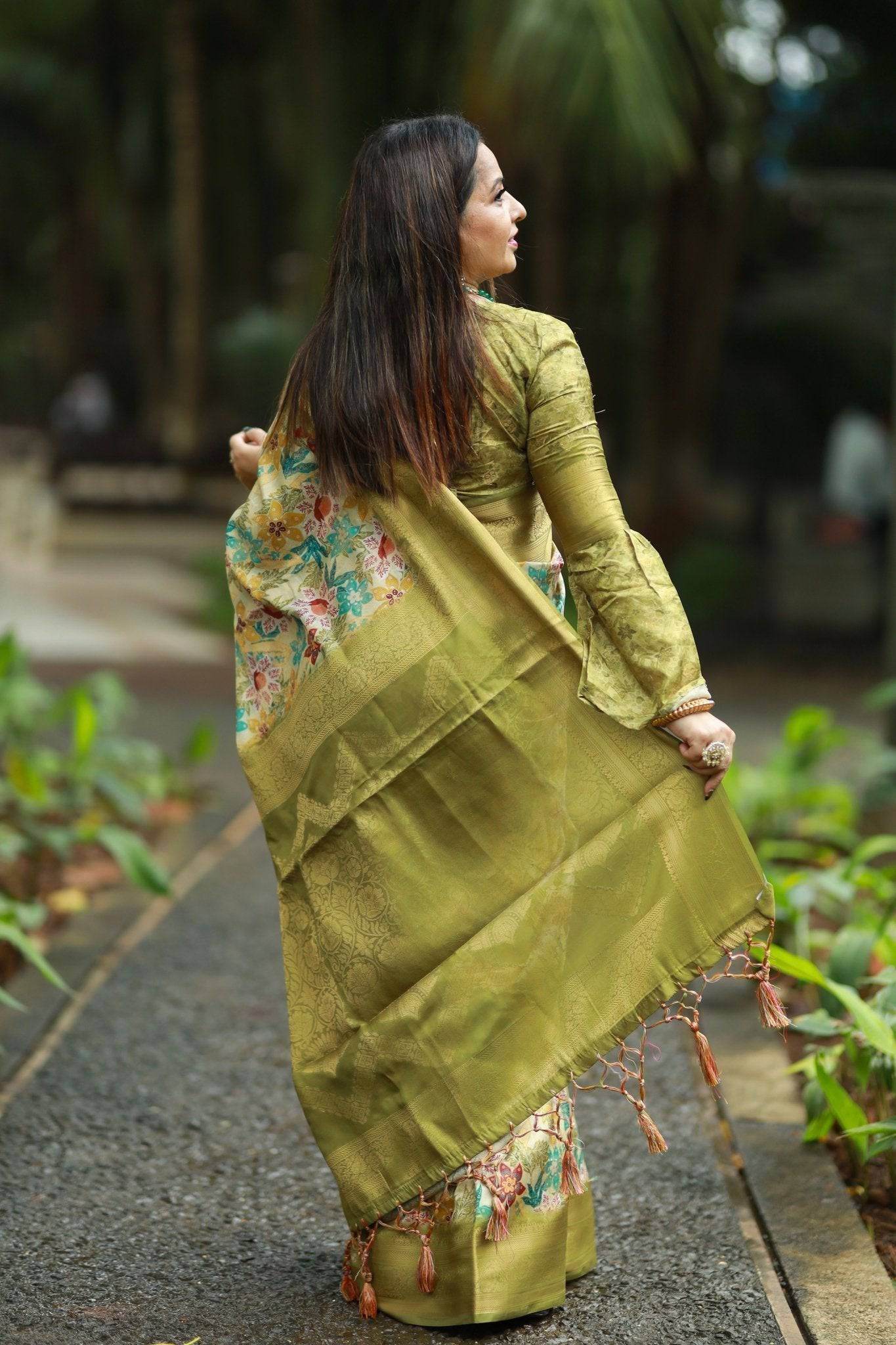 Lime Green Banarasi Silk Saree with Vibrant Floral Digital Print & Zari Weave Border - SEEANS