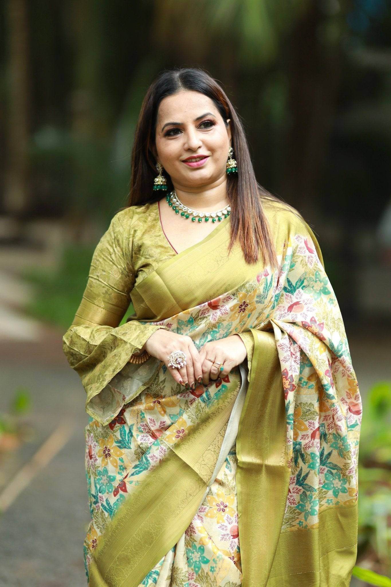 Lime Green Banarasi Silk Saree with Vibrant Floral Digital Print & Zari Weave Border - SEEANS