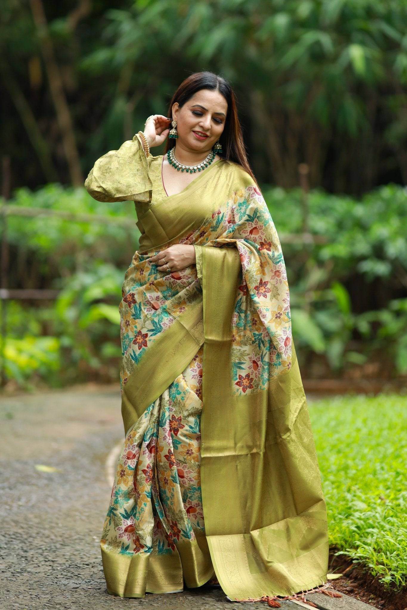 Lime Green Banarasi Silk Saree with Vibrant Floral Digital Print & Zari Weave Border - SEEANS