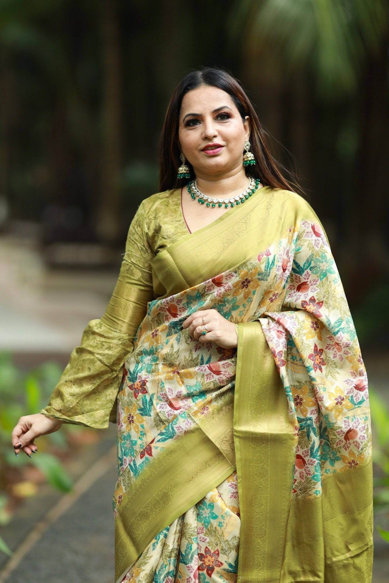 Lime Green Banarasi Silk Saree with Vibrant Floral Digital Print & Zari Weave Border - SEEANS