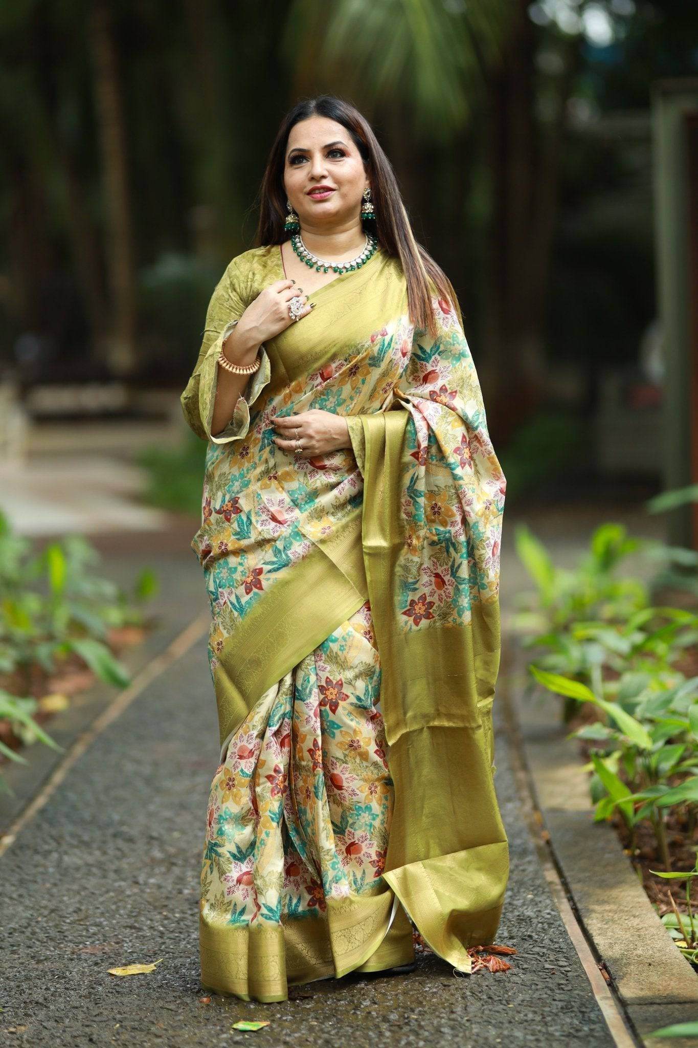 Lime Green Banarasi Silk Saree with Vibrant Floral Digital Print & Zari Weave Border - SEEANS