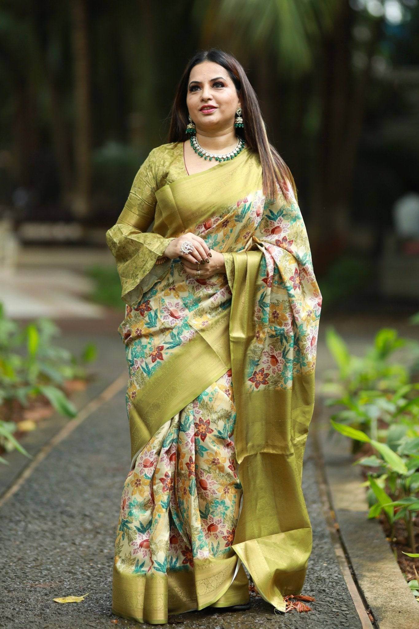 Lime Green Banarasi Silk Saree with Vibrant Floral Digital Print & Zari Weave Border - SEEANS