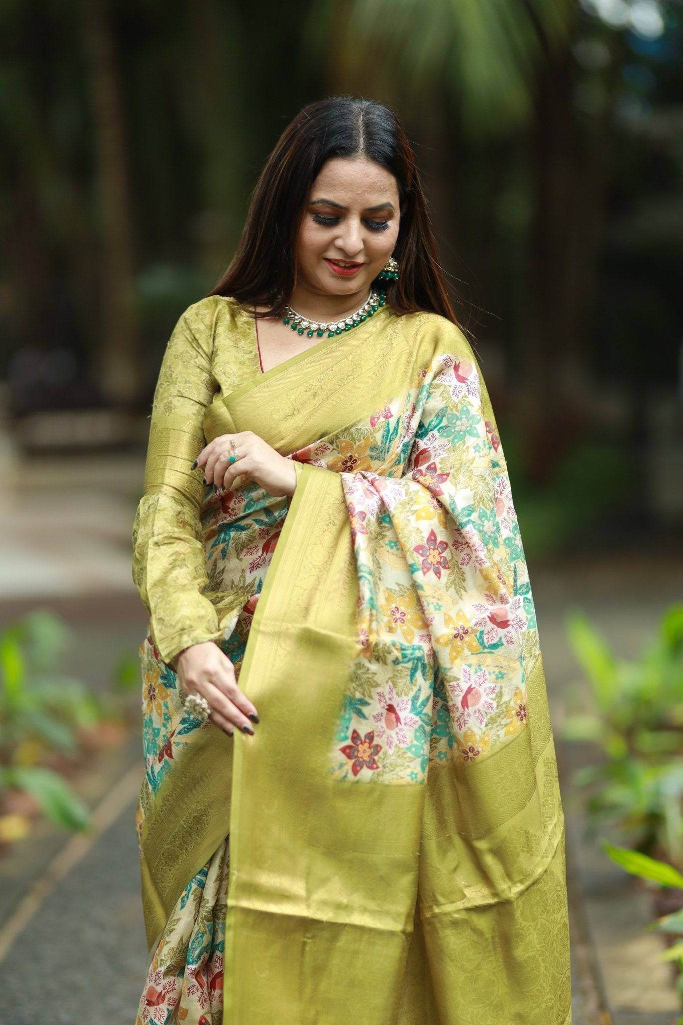 Lime Green Banarasi Silk Saree with Vibrant Floral Digital Print & Zari Weave Border - SEEANS