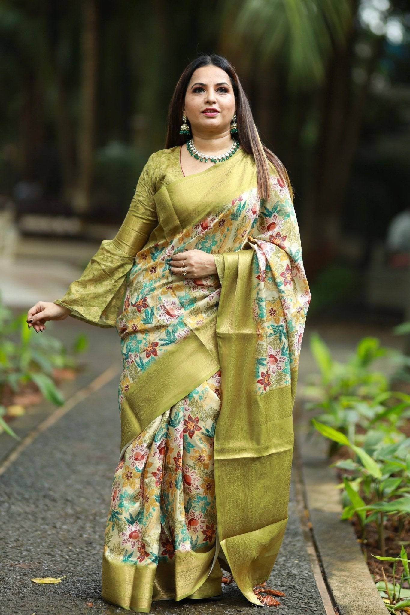 Lime Green Banarasi Silk Saree with Vibrant Floral Digital Print & Zari Weave Border - SEEANS