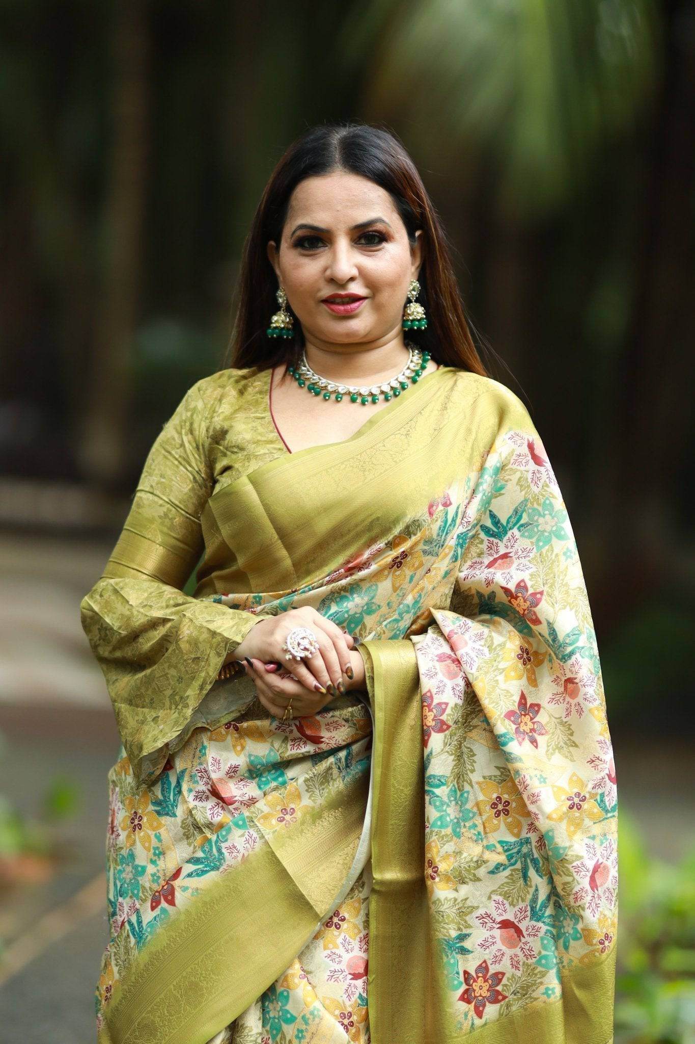 Lime Green Banarasi Silk Saree with Vibrant Floral Digital Print & Zari Weave Border - SEEANS