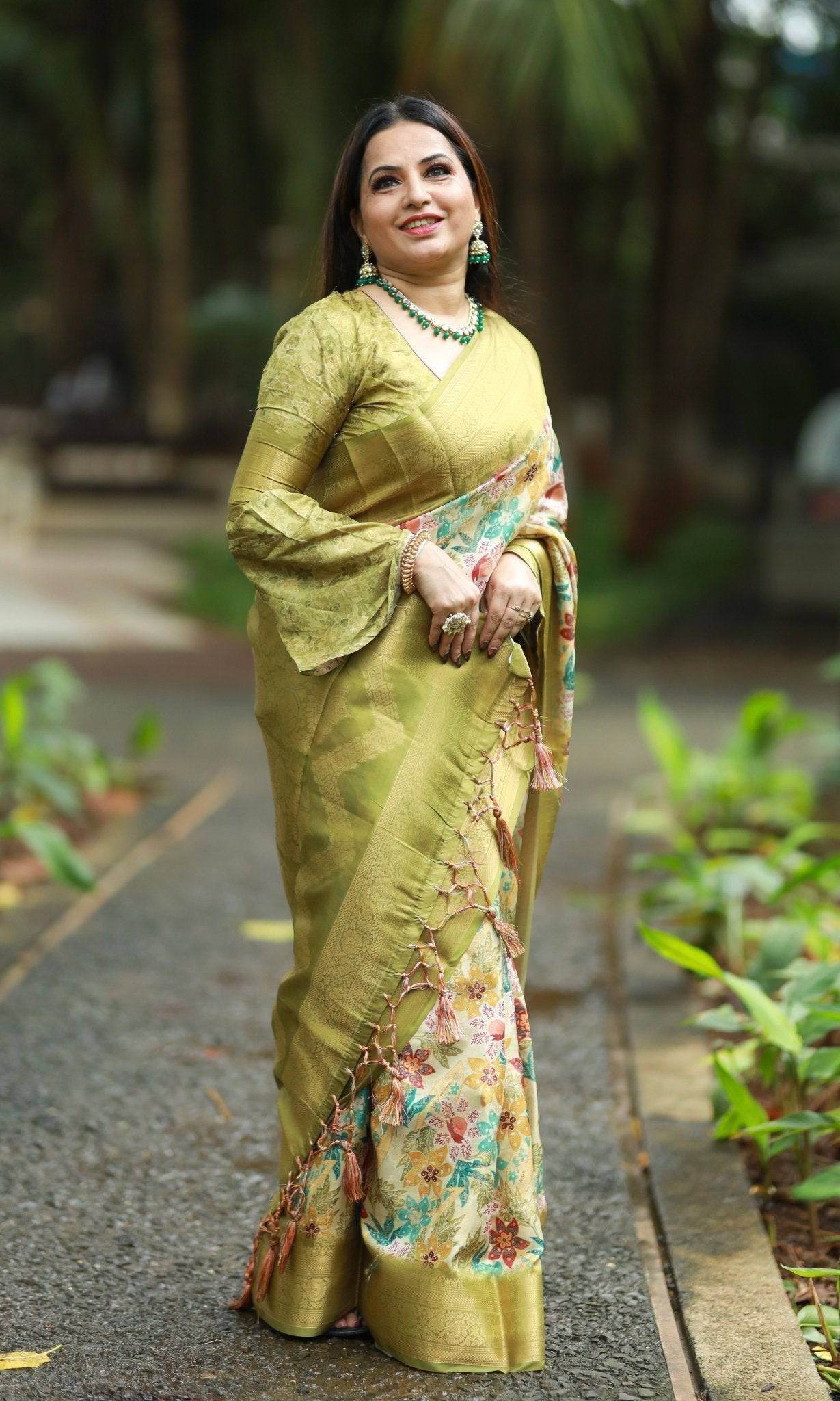 Lime Green Banarasi Silk Saree with Vibrant Floral Digital Print & Zari Weave Border - SEEANS