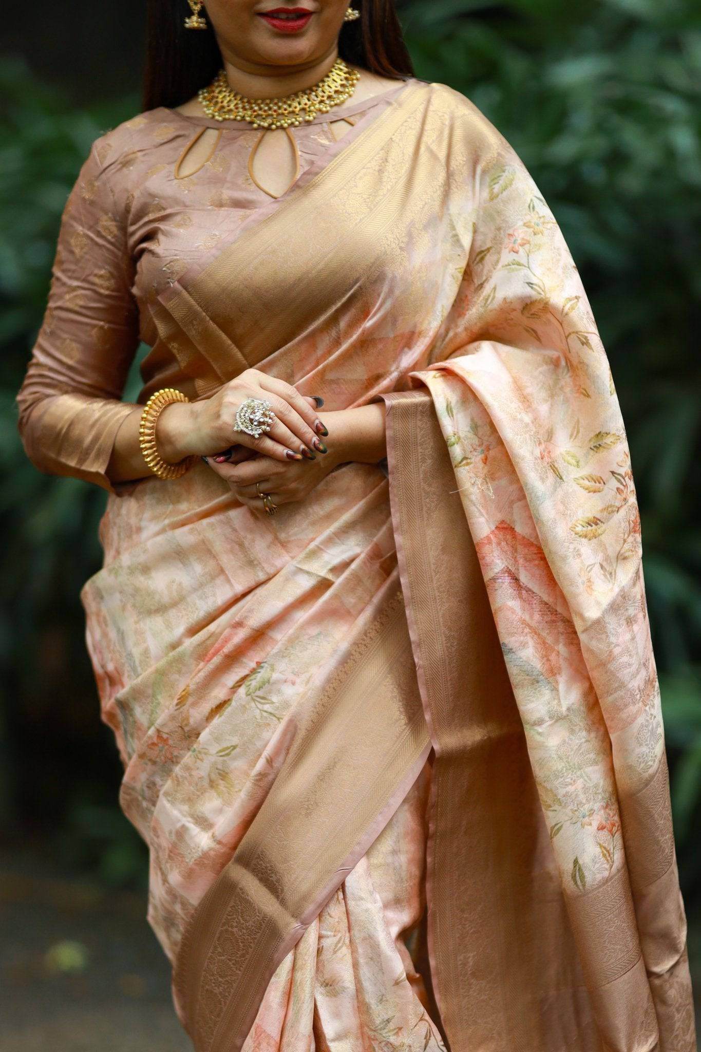 Pastel Peach Banarasi Silk Saree with Golden Zari Border & Subtle Floral Print - SEEANS