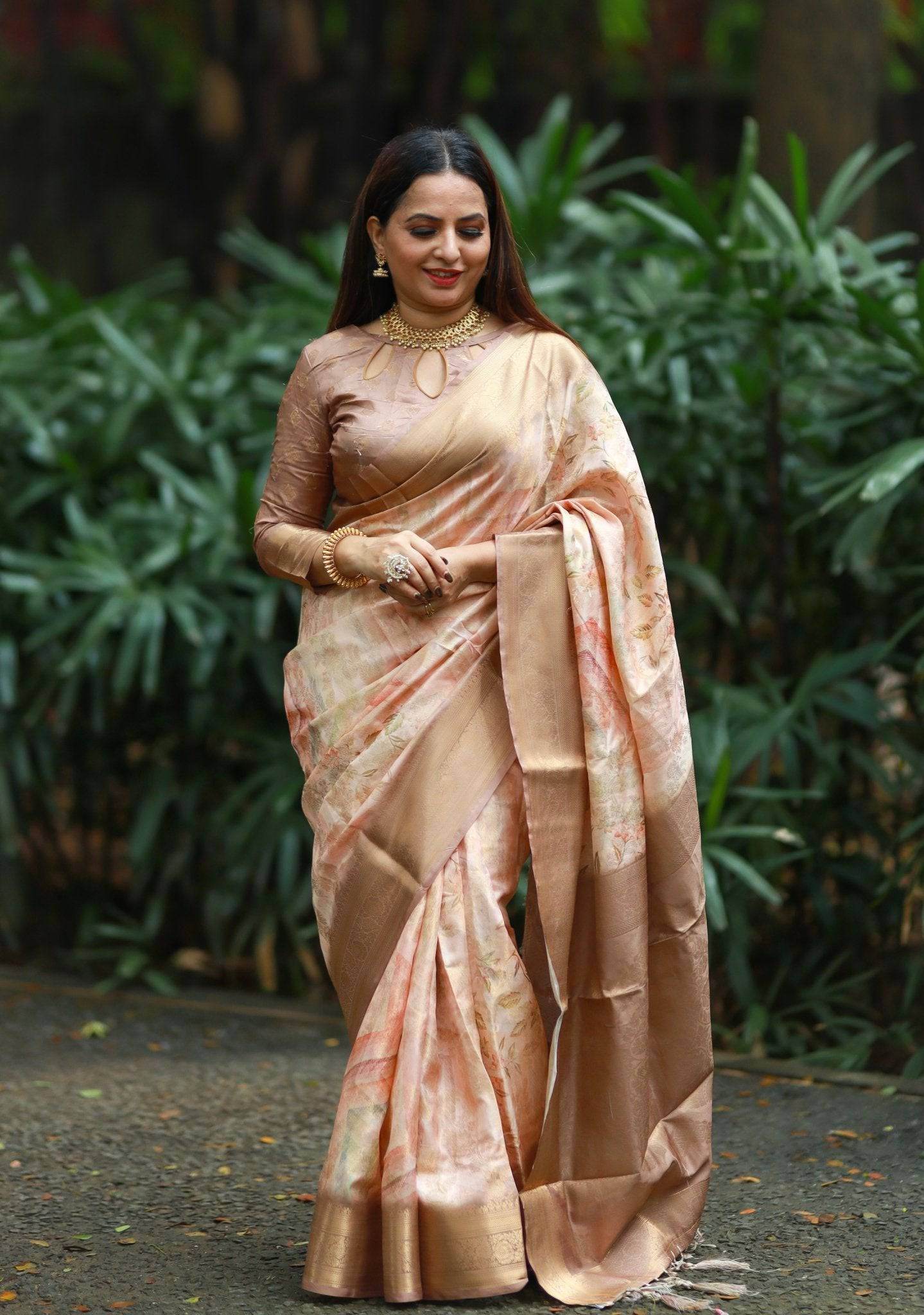 Pastel Peach Banarasi Silk Saree with Golden Zari Border & Subtle Floral Print - SEEANS