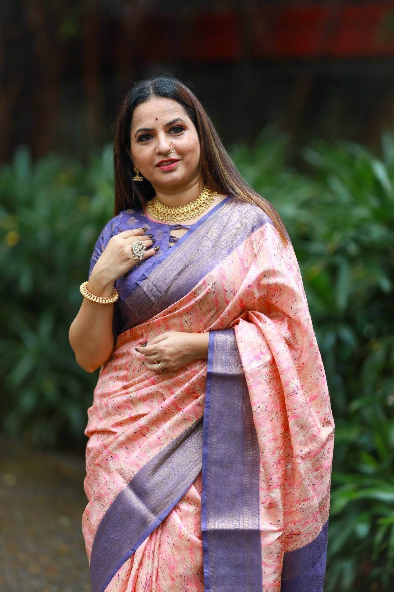 Soft Peach Banarasi Silk Saree with Lavender Zari Border & Delicate Floral Design - SEEANS