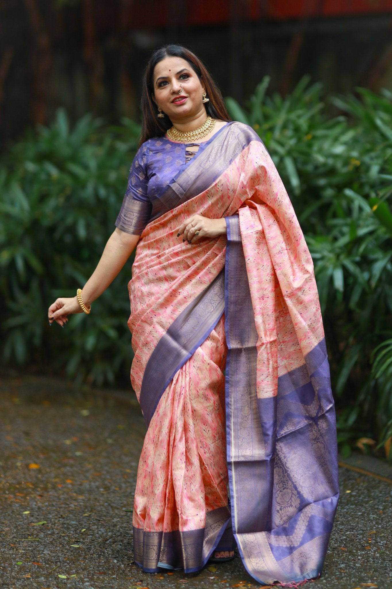 Soft Peach Banarasi Silk Saree with Lavender Zari Border & Delicate Floral Design - SEEANS