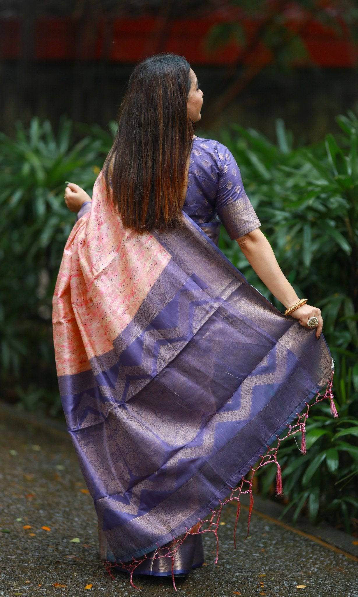 Soft Peach Banarasi Silk Saree with Lavender Zari Border & Delicate Floral Design - SEEANS