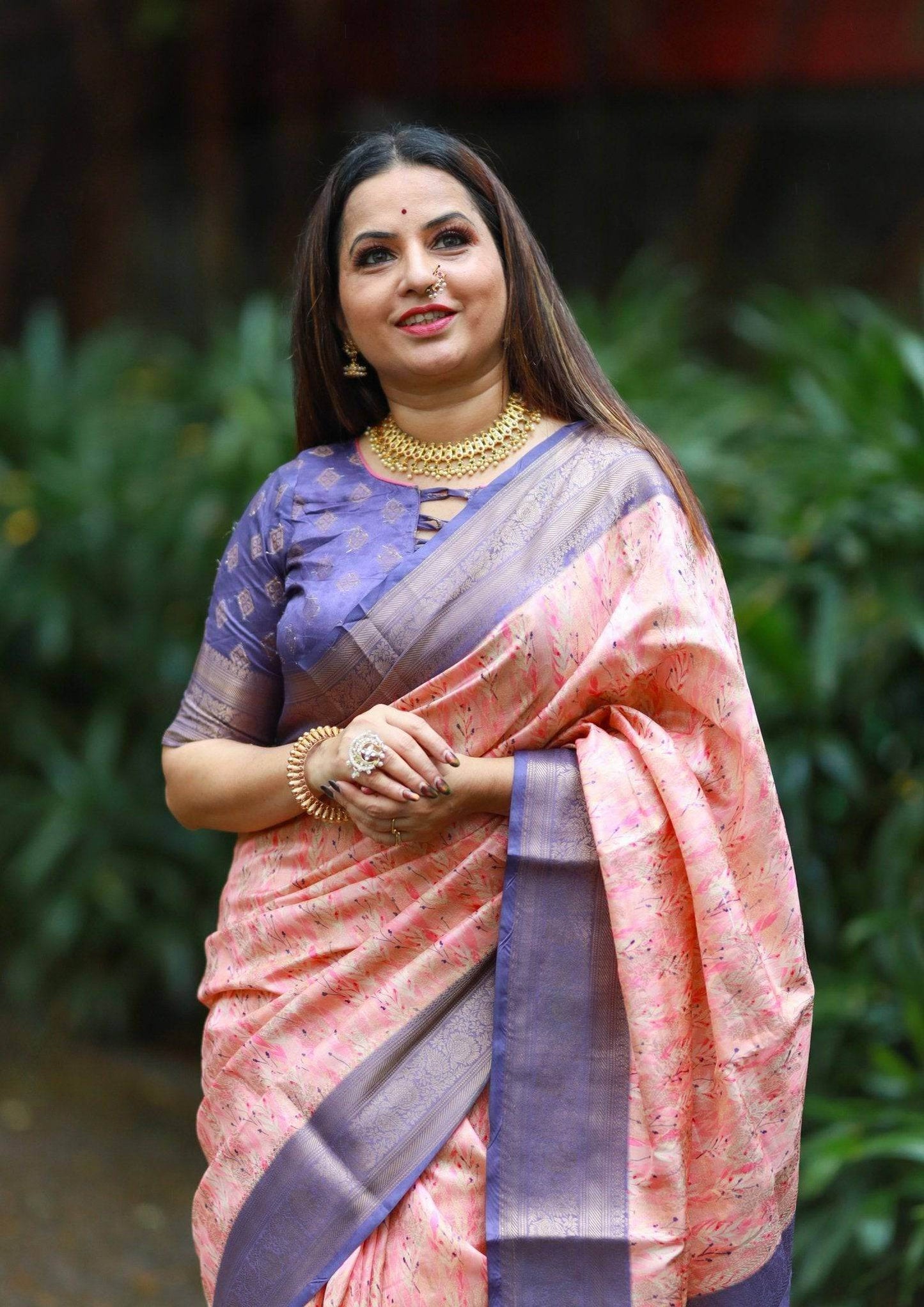 Soft Peach Banarasi Silk Saree with Lavender Zari Border & Delicate Floral Design - SEEANS