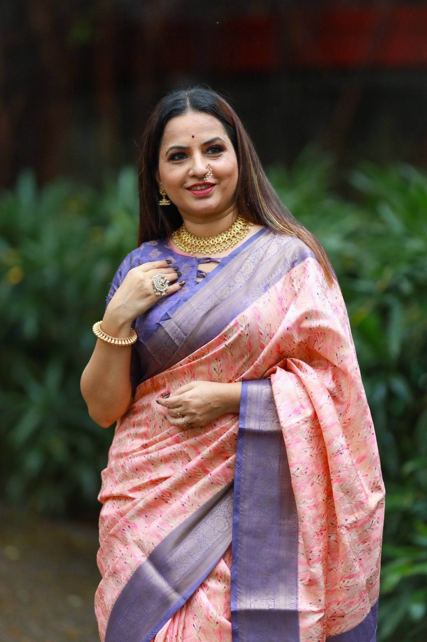 Soft Peach Banarasi Silk Saree with Lavender Zari Border & Delicate Floral Design - SEEANS