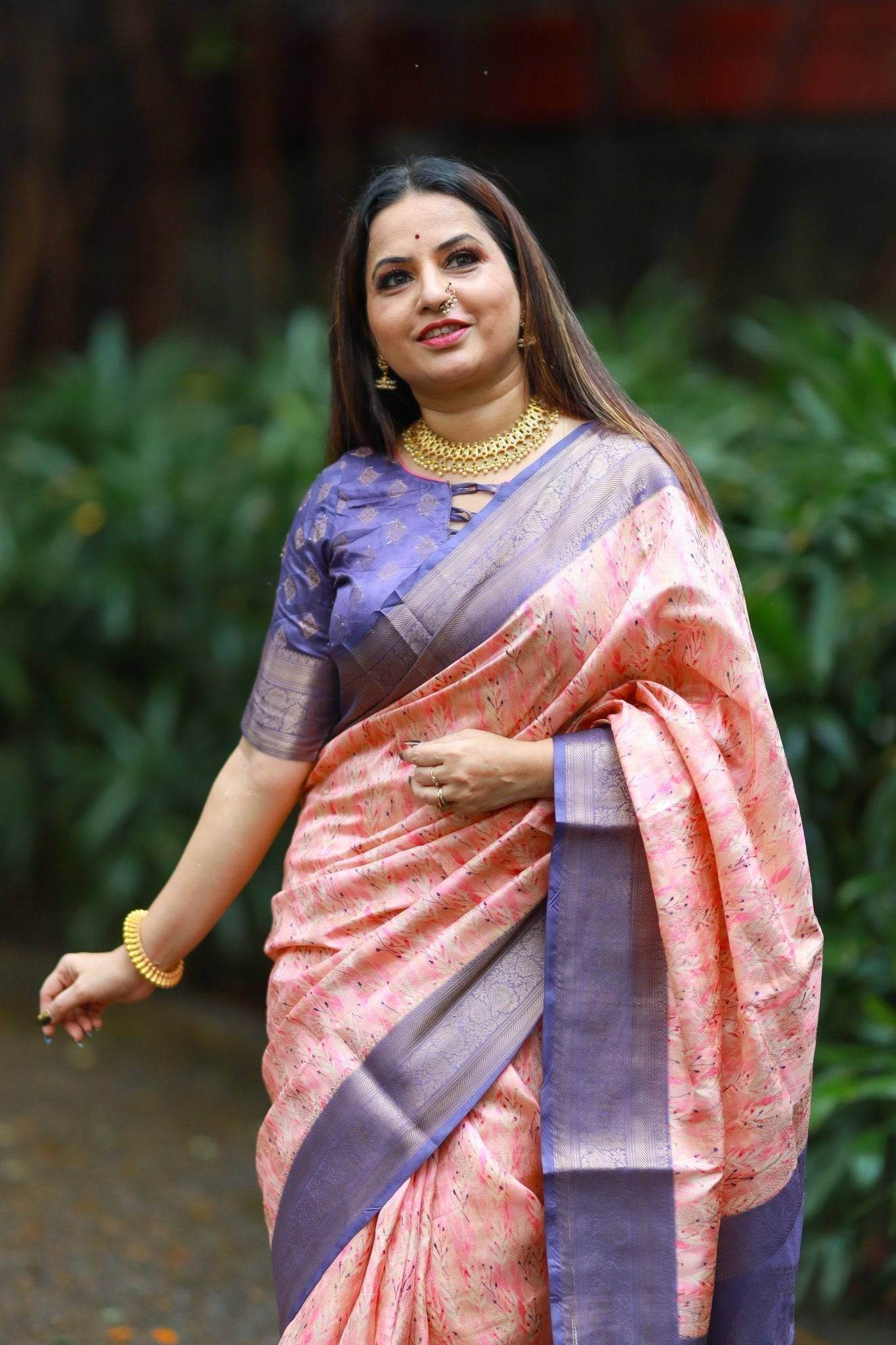 Soft Peach Banarasi Silk Saree with Lavender Zari Border & Delicate Floral Design - SEEANS