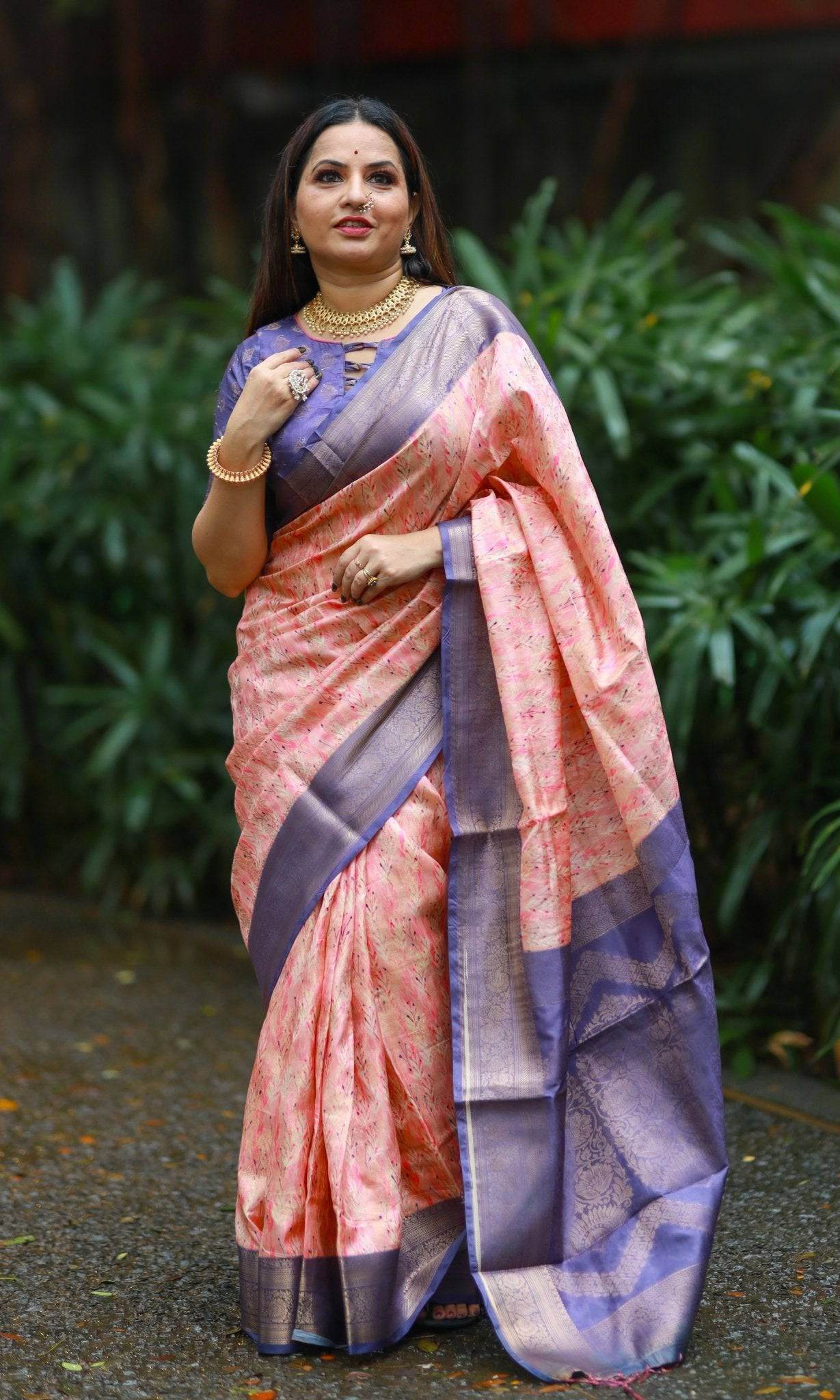 Soft Peach Banarasi Silk Saree with Lavender Zari Border & Delicate Floral Design - SEEANS