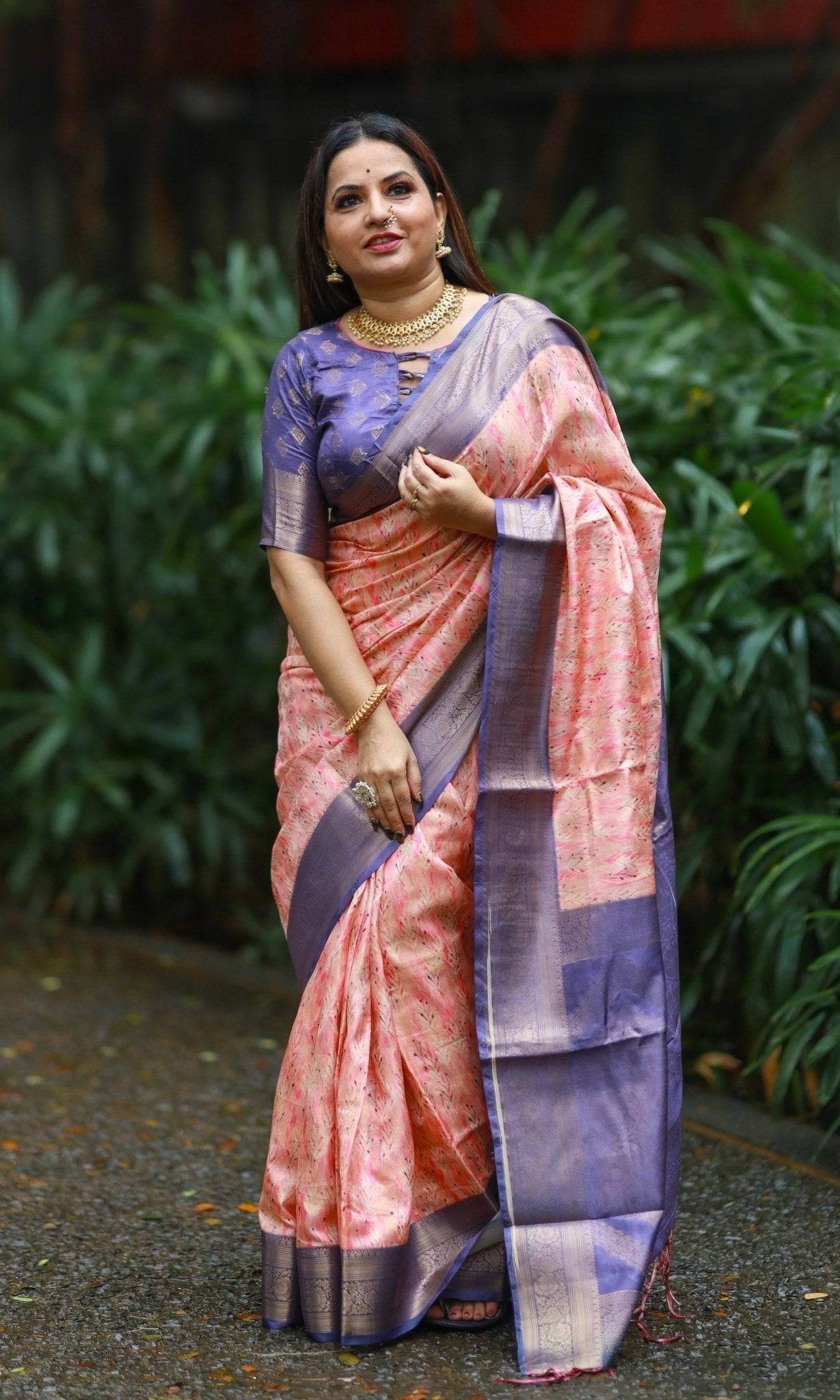 Soft Peach Banarasi Silk Saree with Lavender Zari Border & Delicate Floral Design - SEEANS