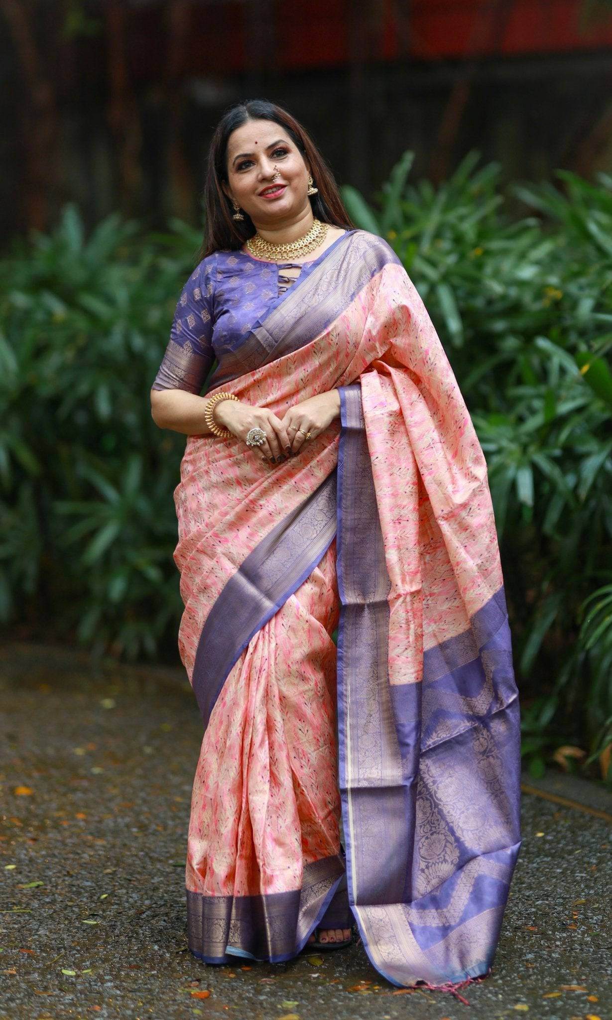 Soft Peach Banarasi Silk Saree with Lavender Zari Border & Delicate Floral Design - SEEANS
