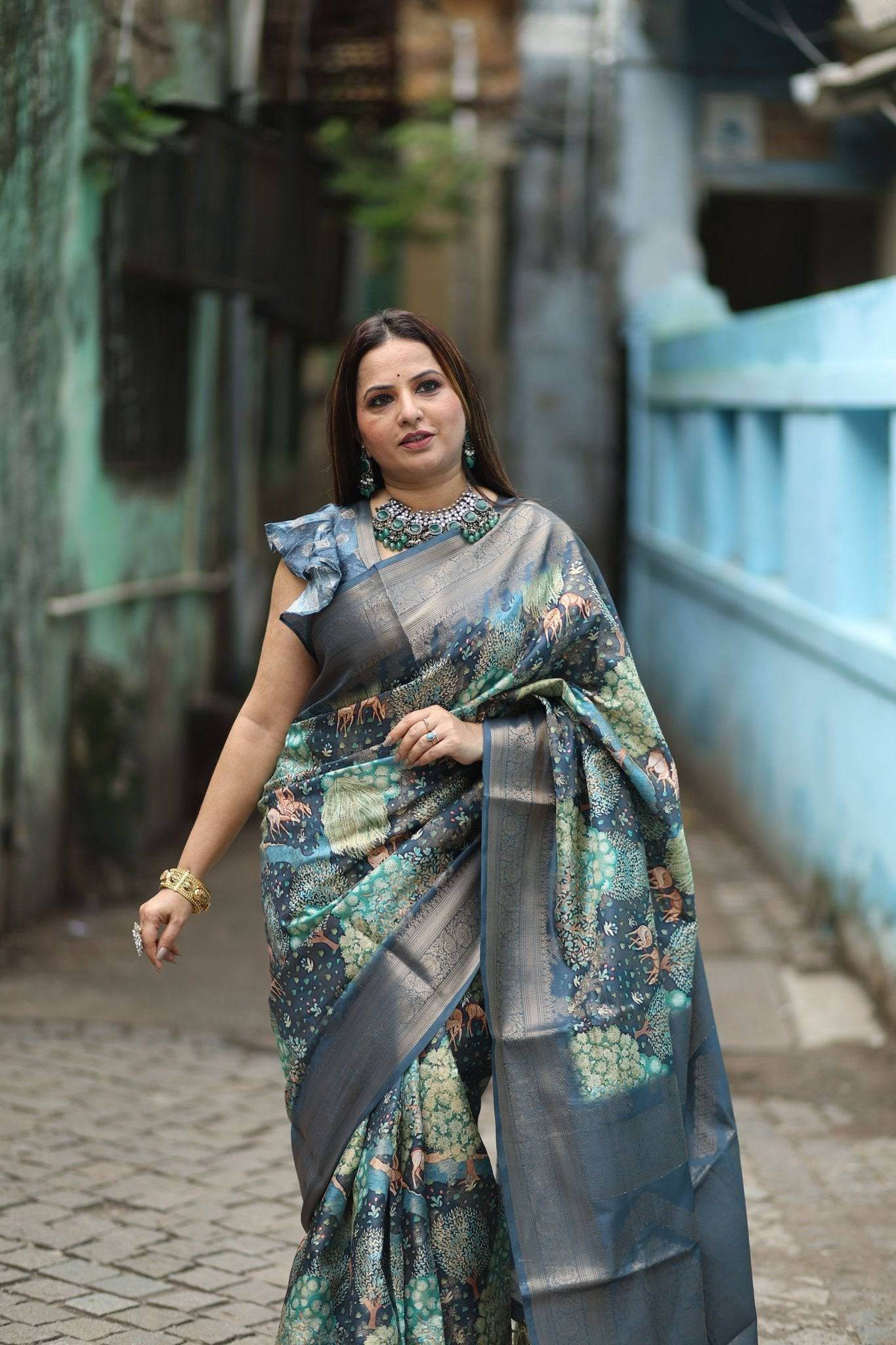 Elegant Teal Blue Banarasi Silk Saree with Forest-Inspired Motifs and Tassels - SEEANS