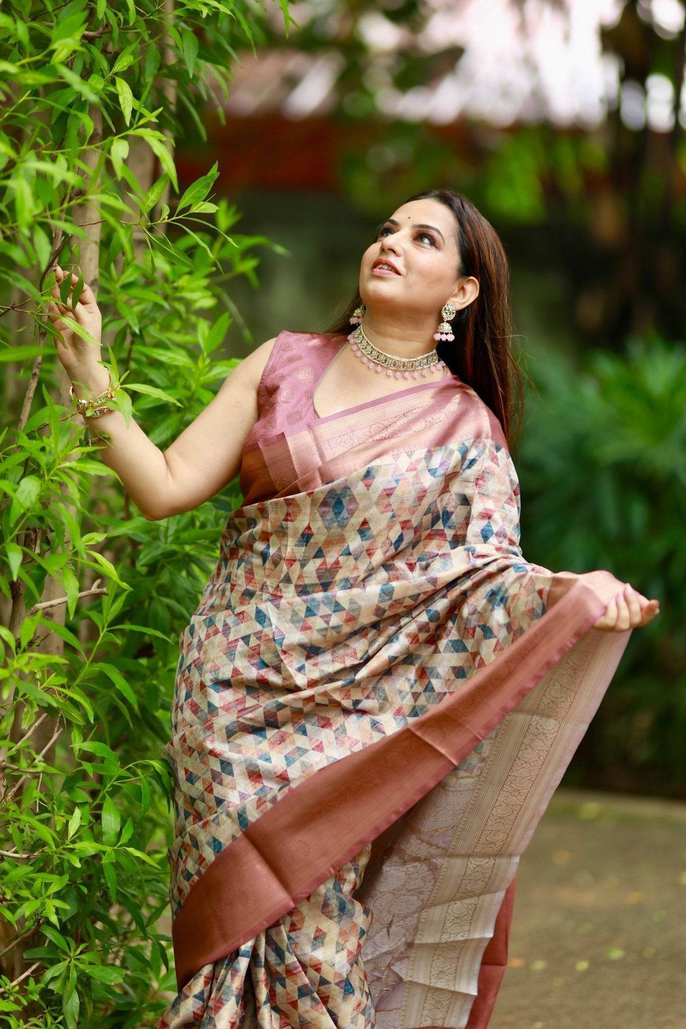 Elegant Banarasi Digital Printed Saree with Rose Gold Zari Border and Tassels - SEEANS