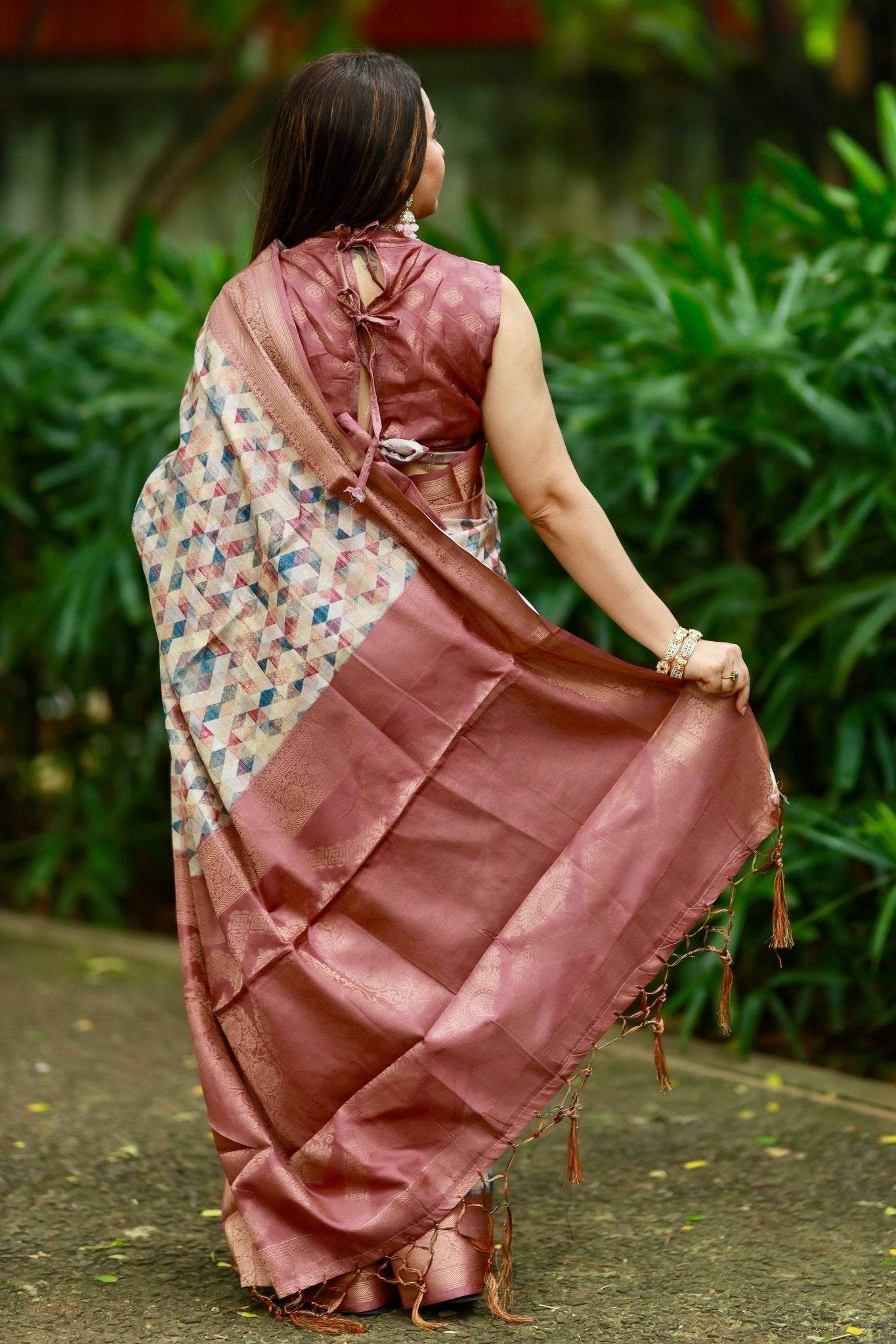 Elegant Banarasi Digital Printed Saree with Rose Gold Zari Border and Tassels - SEEANS