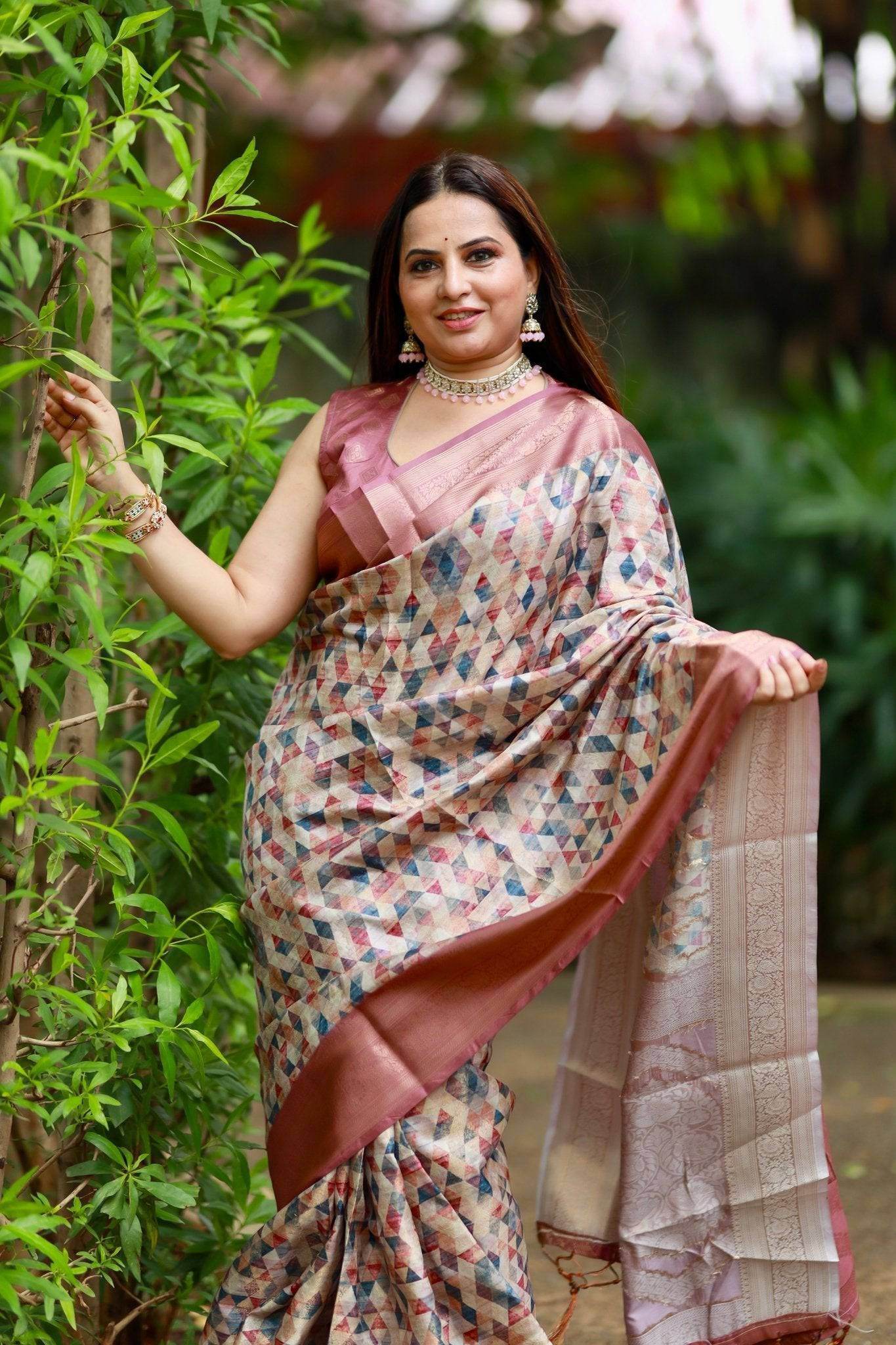 Elegant Banarasi Digital Printed Saree with Rose Gold Zari Border and Tassels - SEEANS