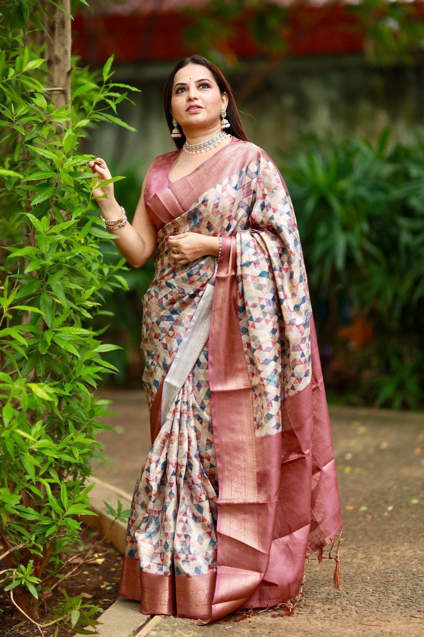 Elegant Banarasi Digital Printed Saree with Rose Gold Zari Border and Tassels - SEEANS